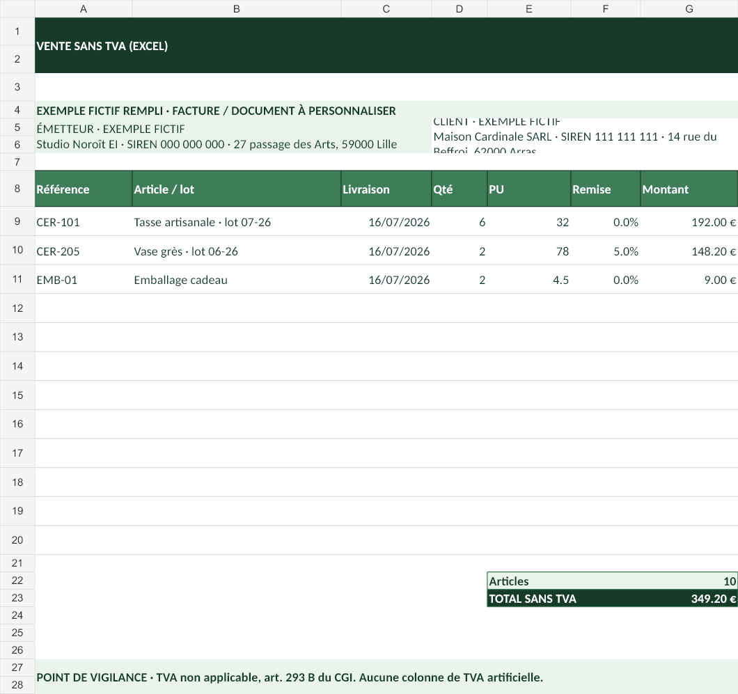 Aperçu — Vente sans TVA (Excel)