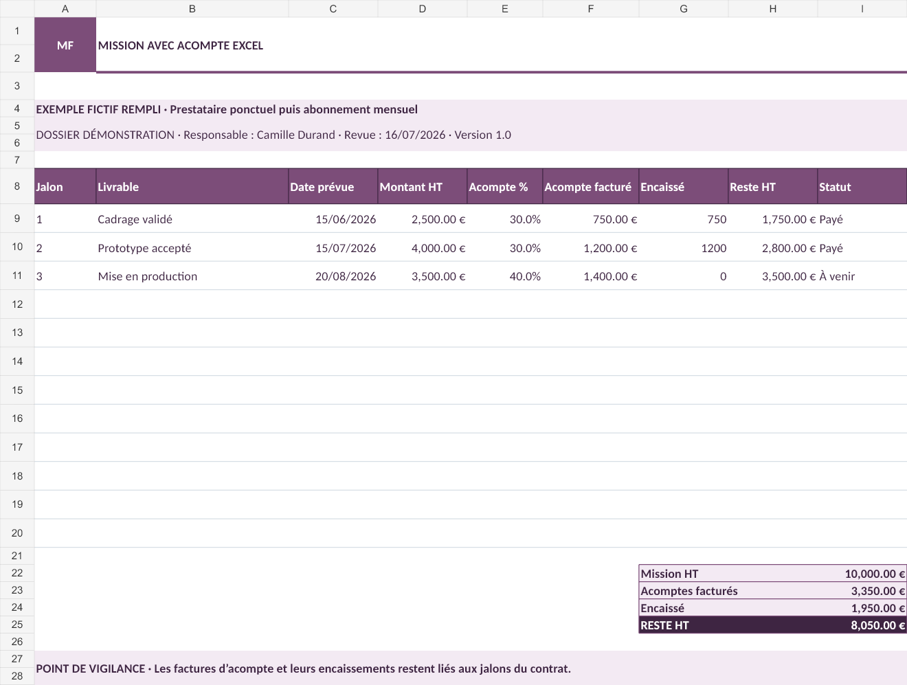 Aperçu — Mission avec acompte Excel