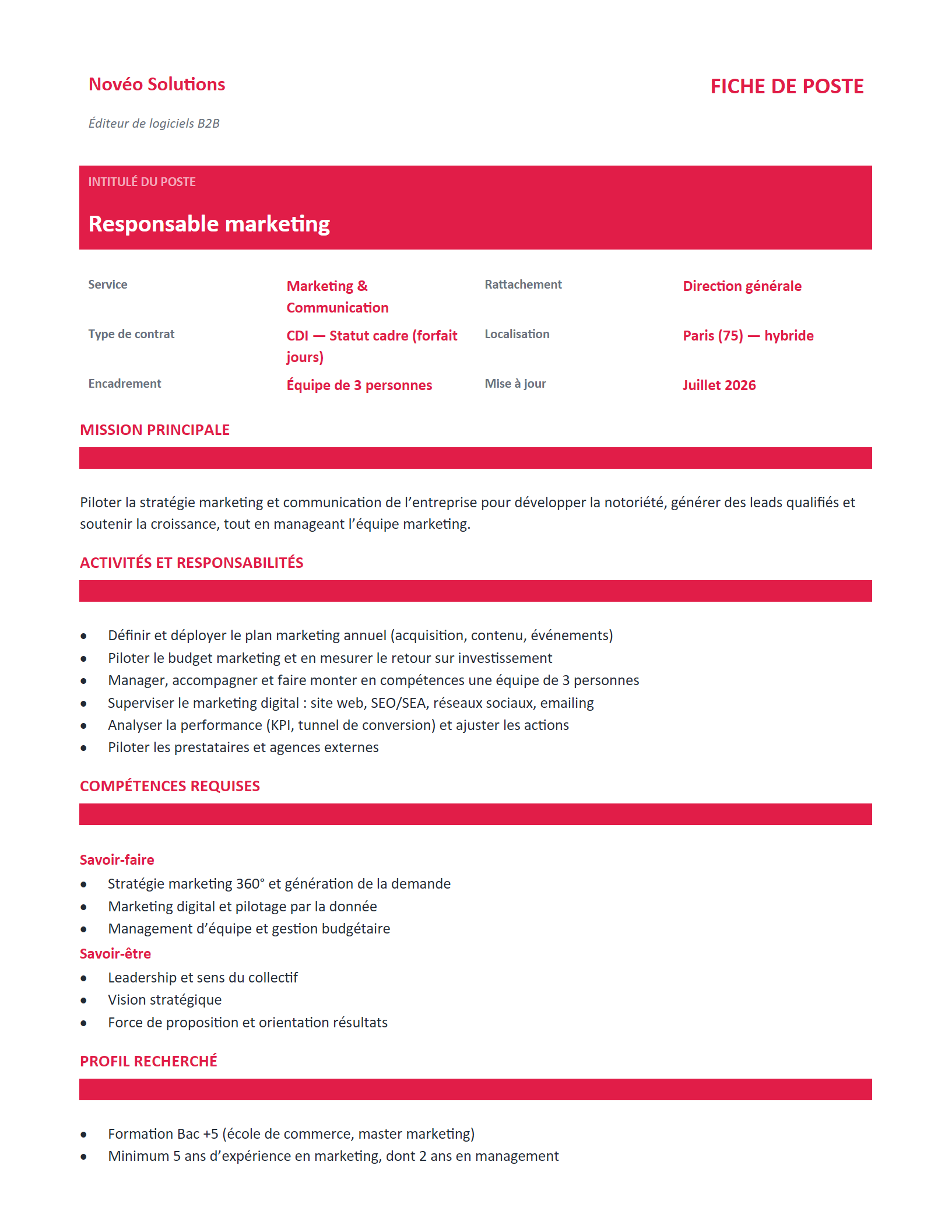 Aperçu — Fiche de poste — cadre manager