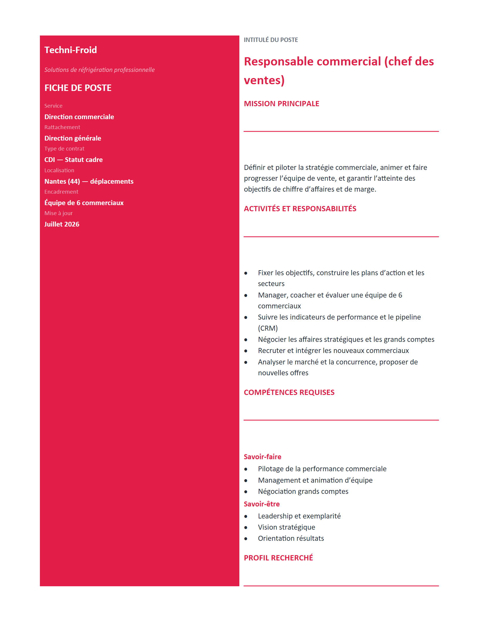 Aperçu — Fiche de poste — responsable commercial