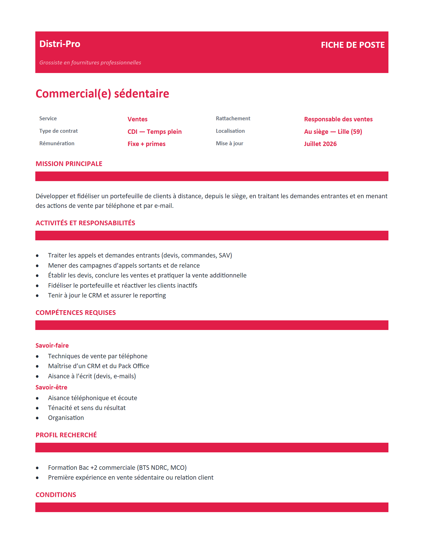 Aperçu — Fiche de poste — commercial sédentaire