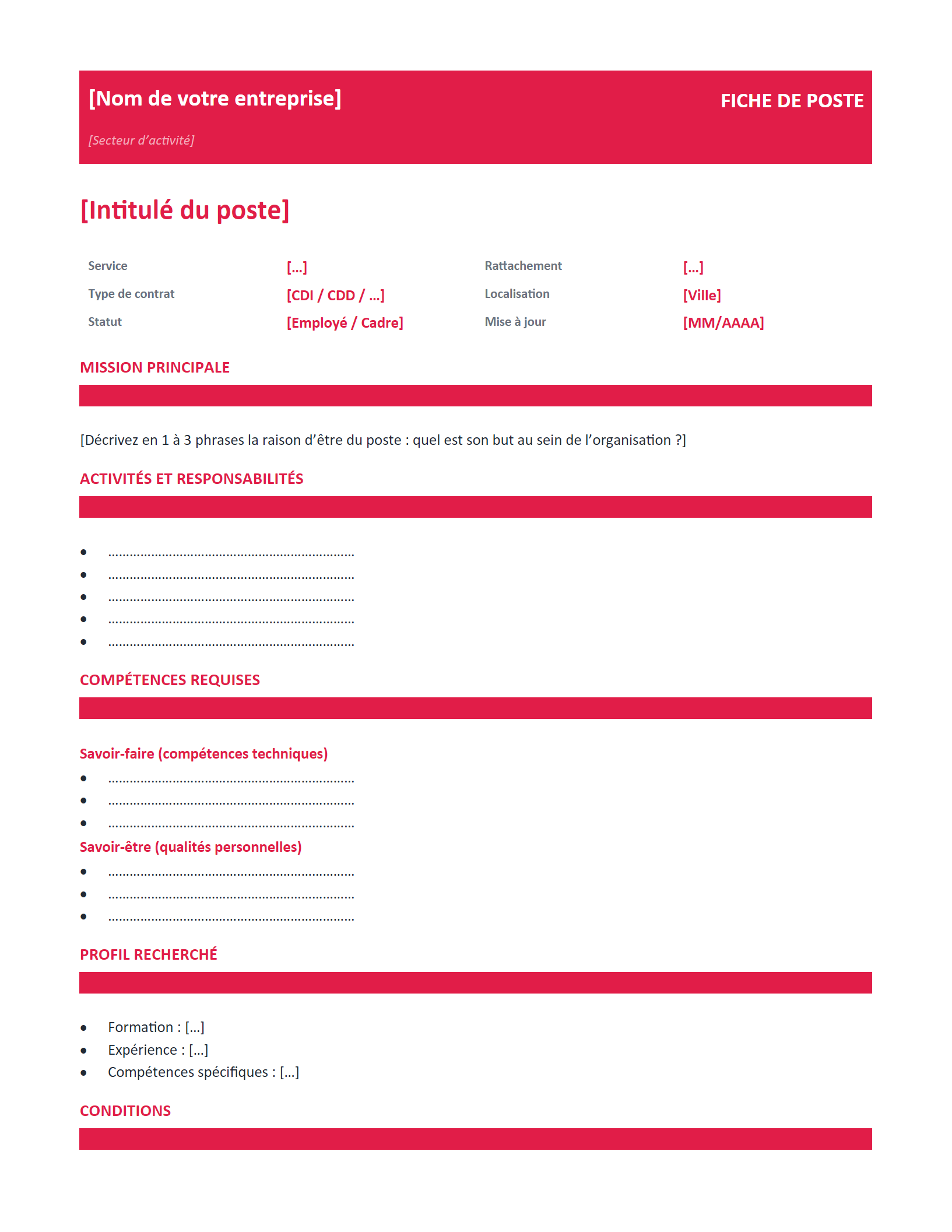 Aperçu — Fiche de poste — vierge à remplir