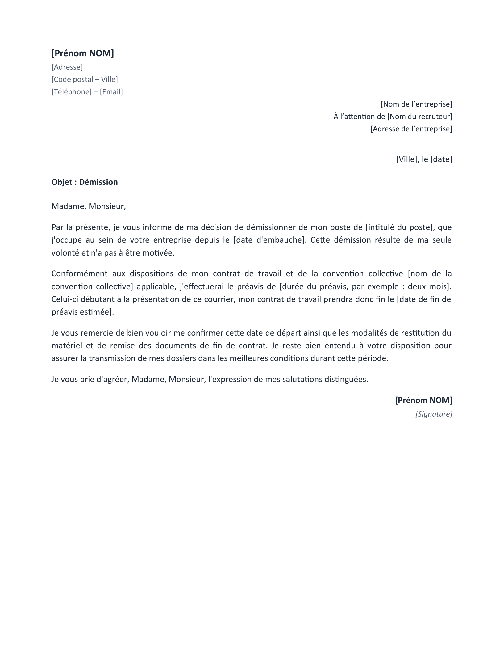 Aperçu — Lettre de démission avec préavis (Word)