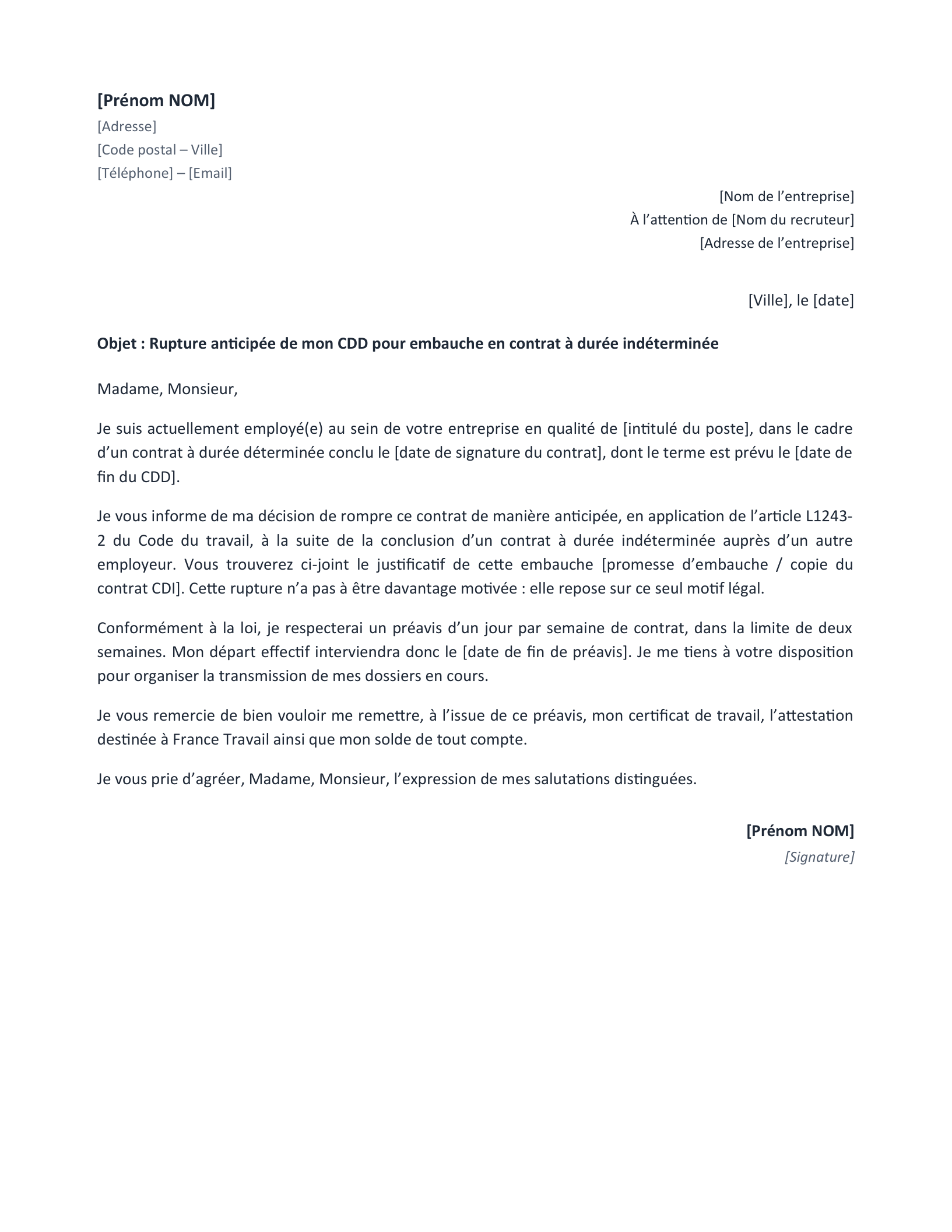 Aperçu — Lettre de rupture anticipée de CDD (Word)