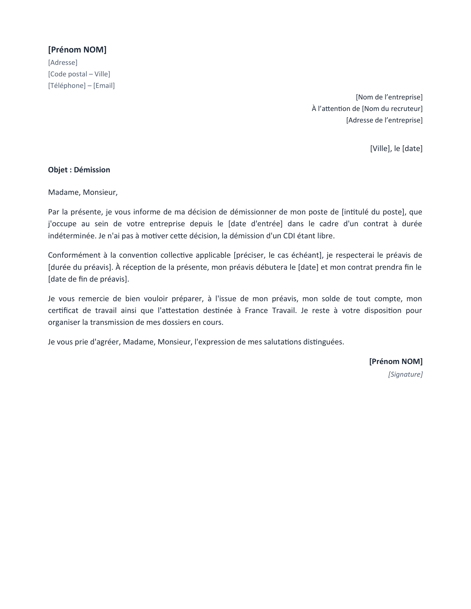 Aperçu — Lettre de démission CDI (Word)