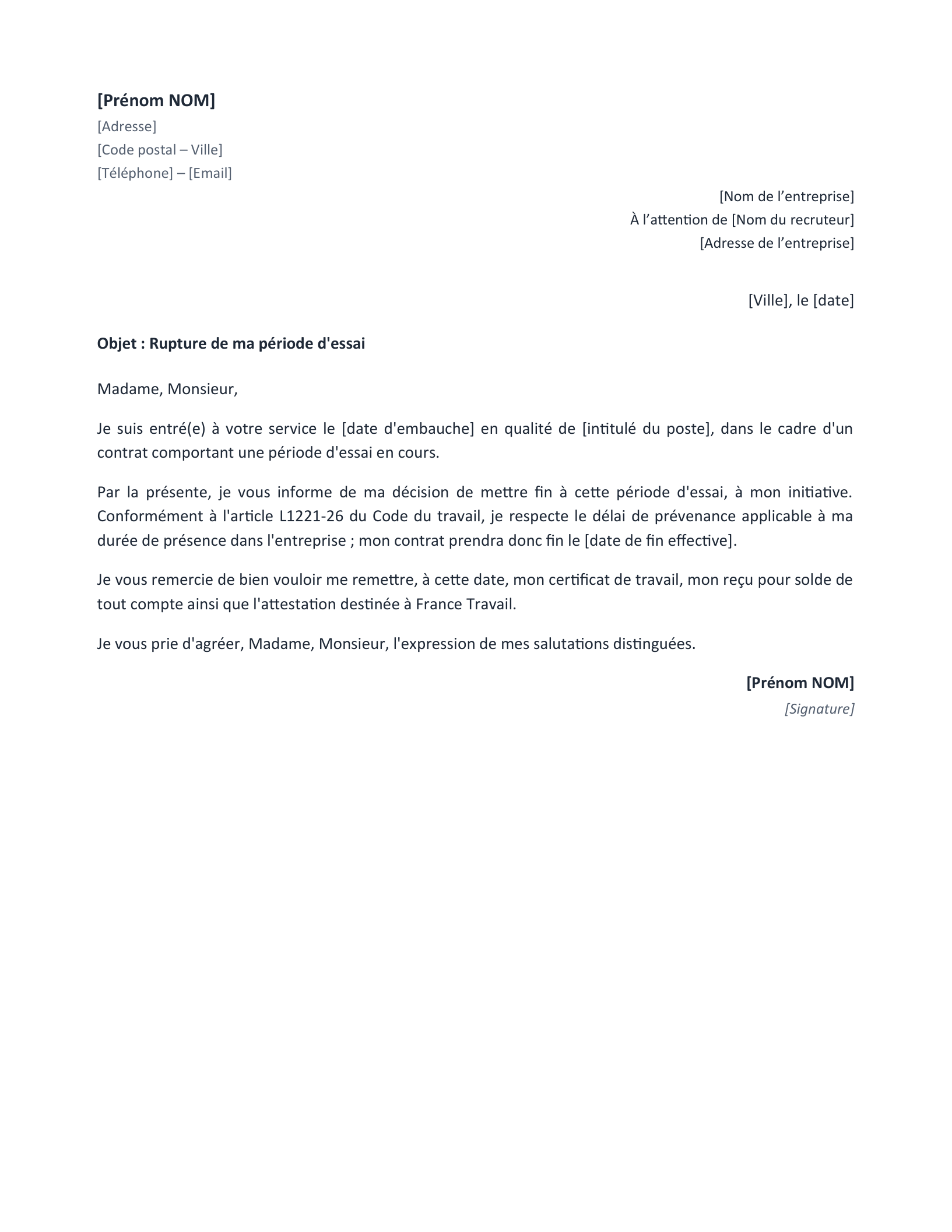 Aperçu — Rupture de période d’essai (Word)