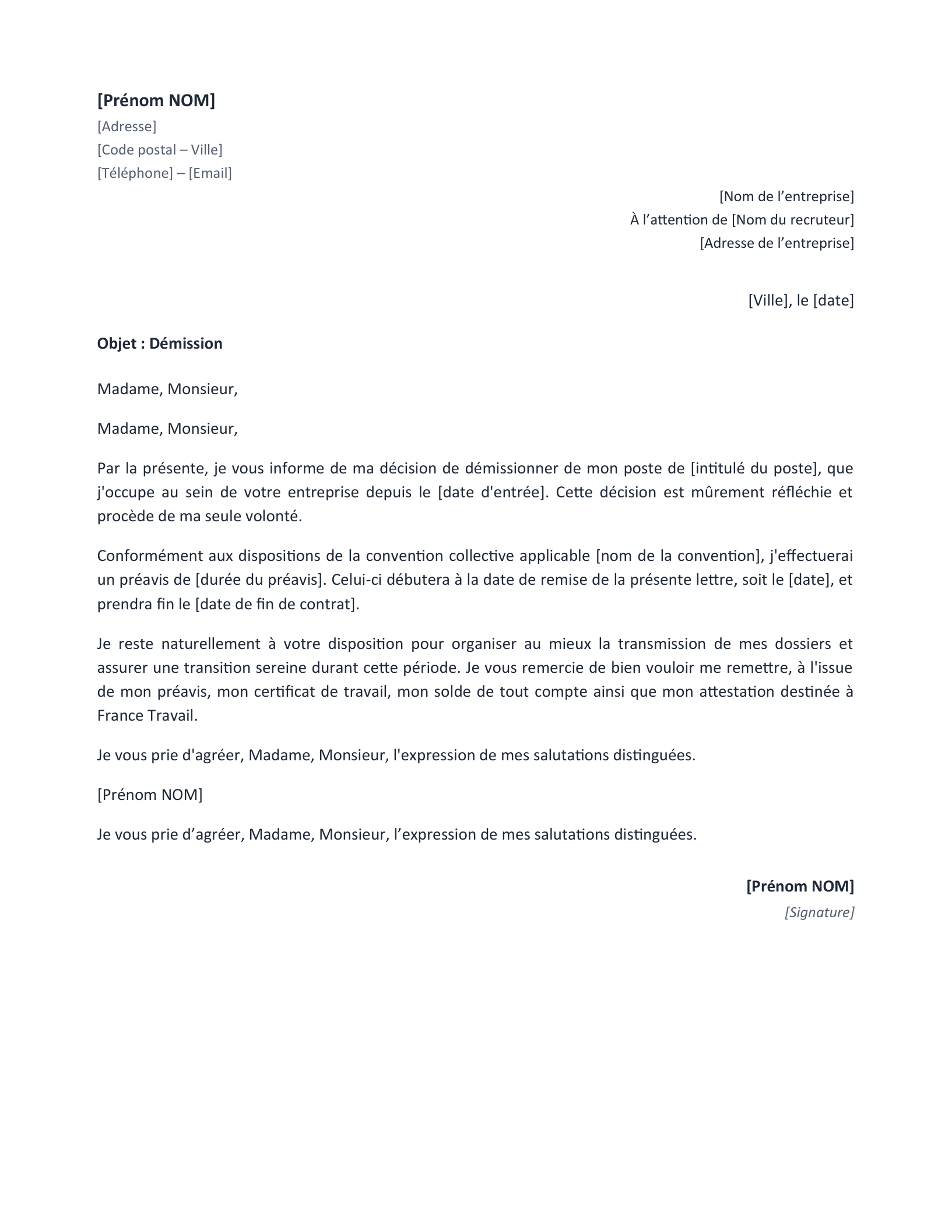 Aperçu — Démission remise en main propre (Word)
