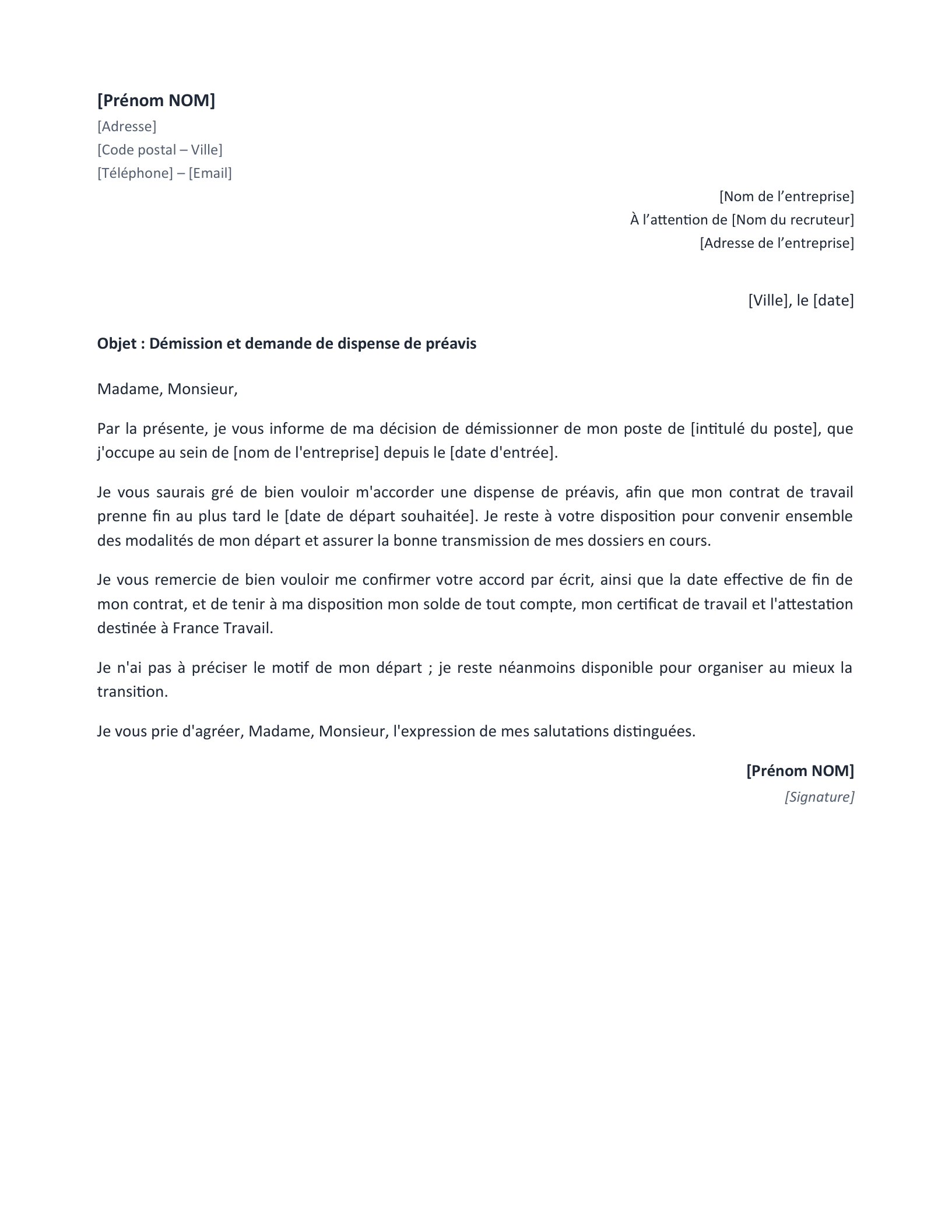 Aperçu — Lettre de démission sans préavis (Word)