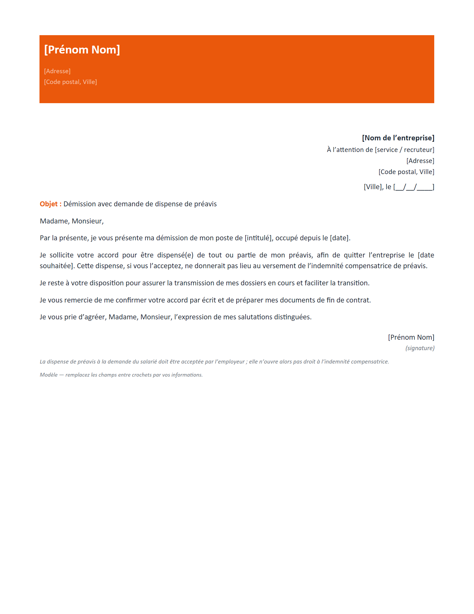 Aperçu — Lettre de démission — dispense de préavis