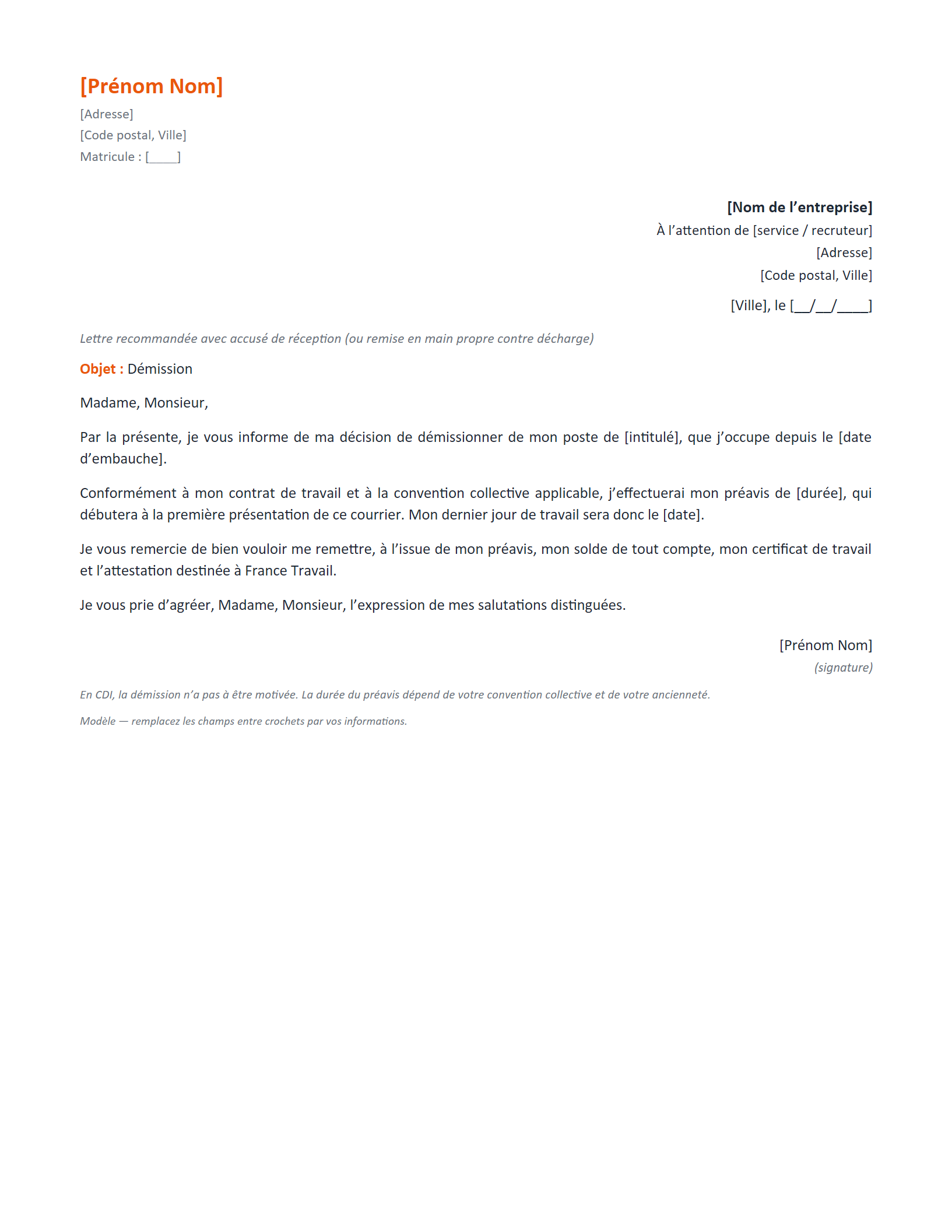 Aperçu — Lettre de démission — avec préavis