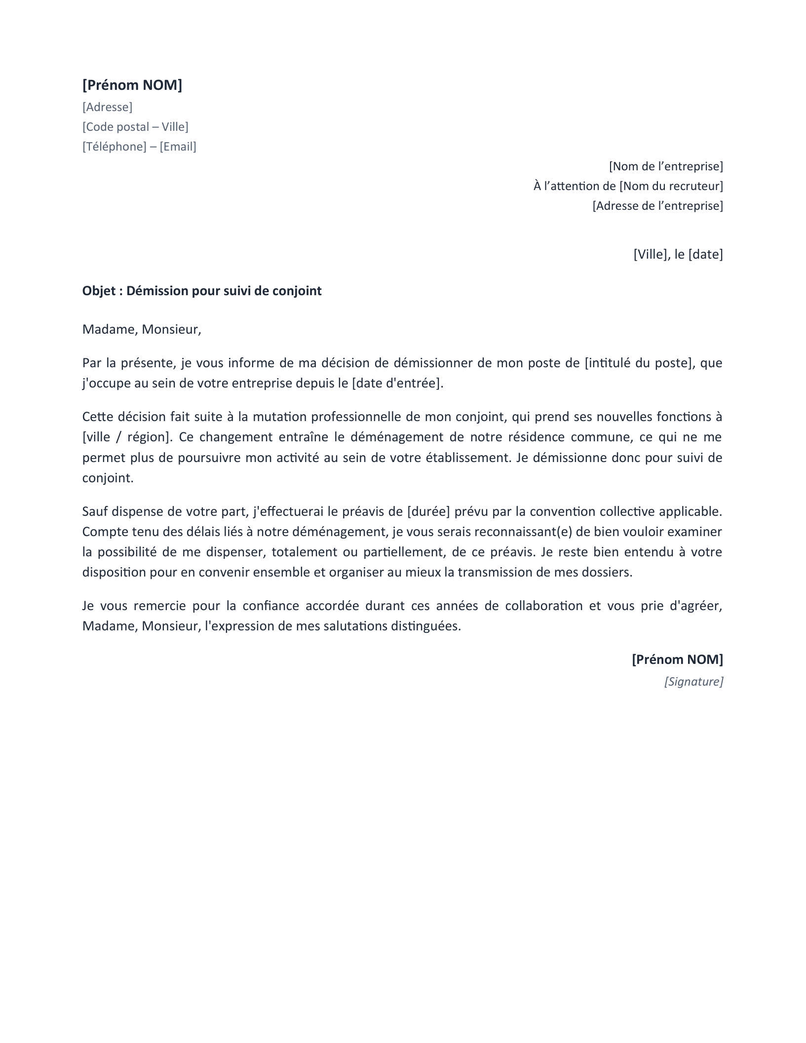 Aperçu — Démission pour suivi de conjoint (Word)