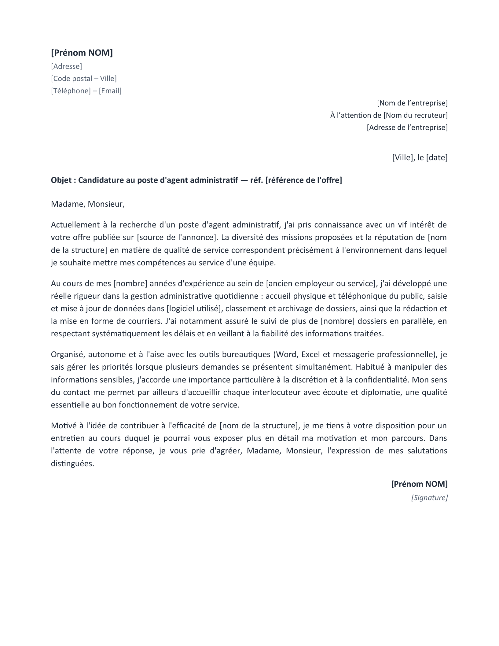 Aperçu — Lettre de motivation agent administratif (Word)