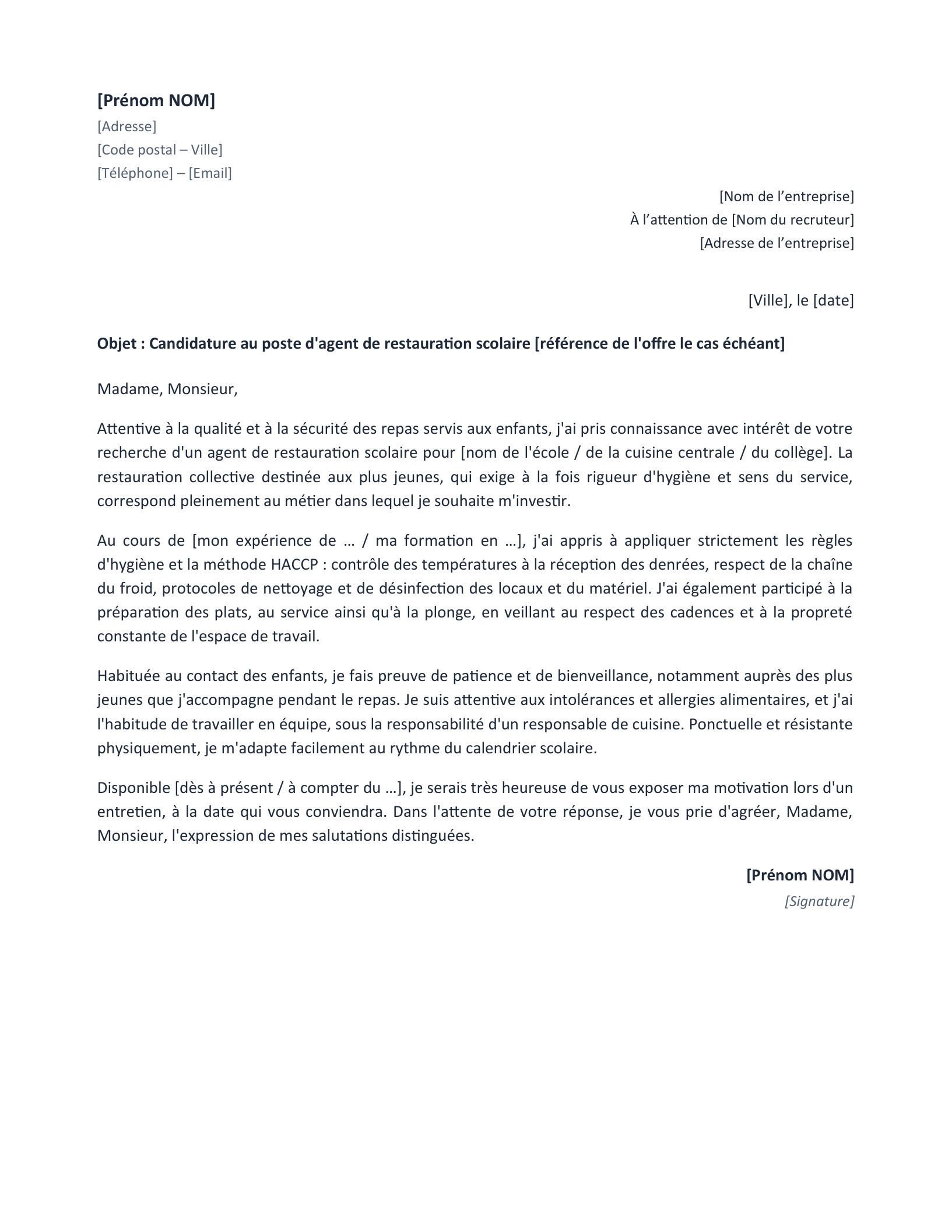 Aperçu — Lettre agent de restauration scolaire (Word)