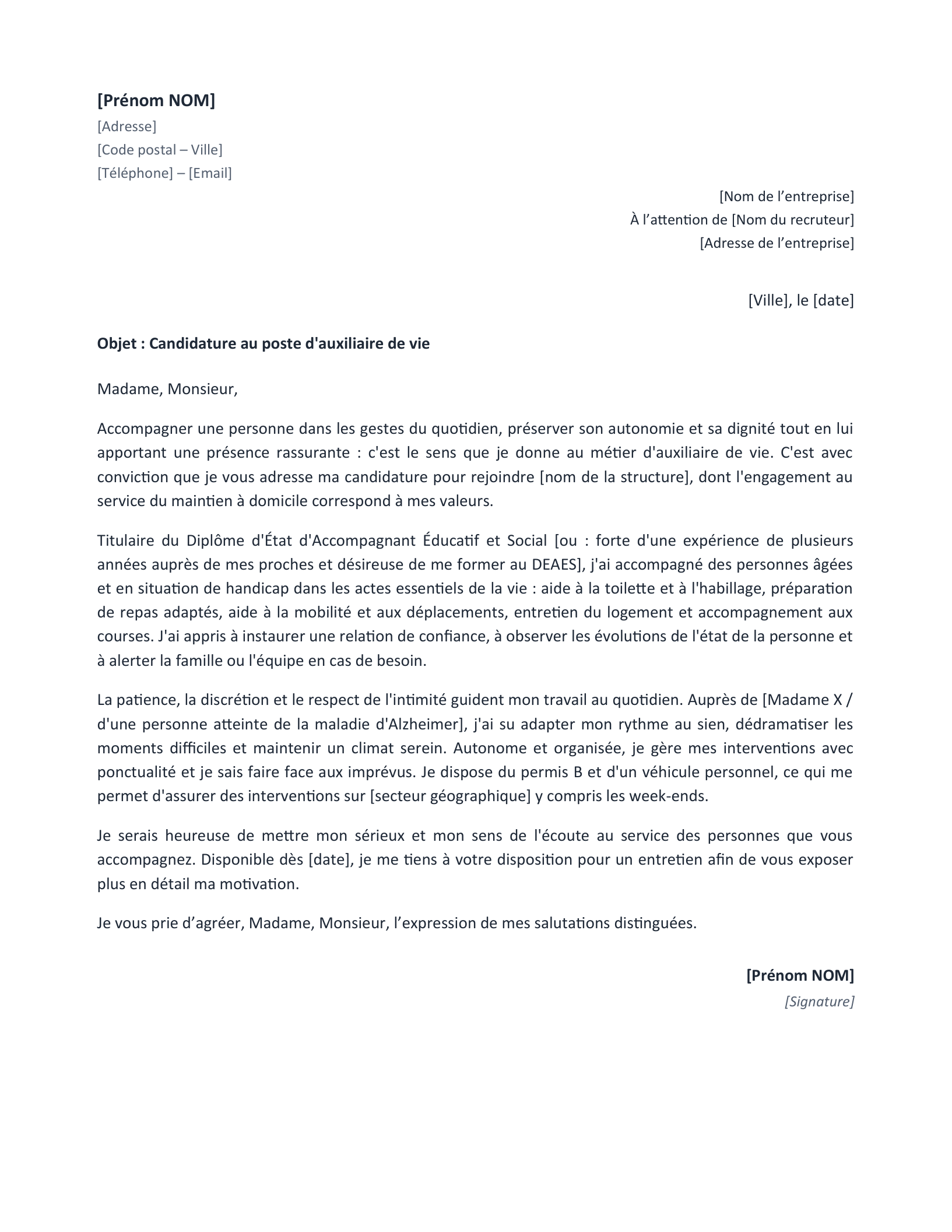 Aperçu — Lettre de motivation auxiliaire de vie (Word)