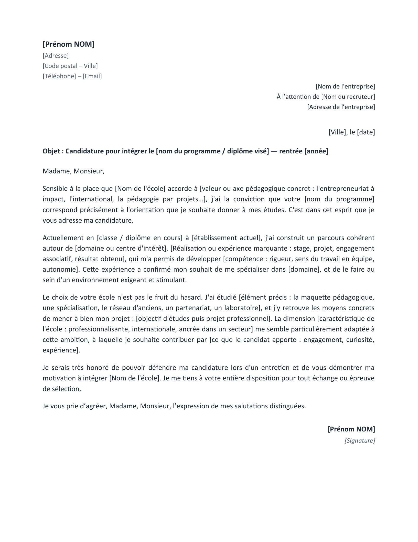 Aperçu — Lettre de motivation pour une école (Word)