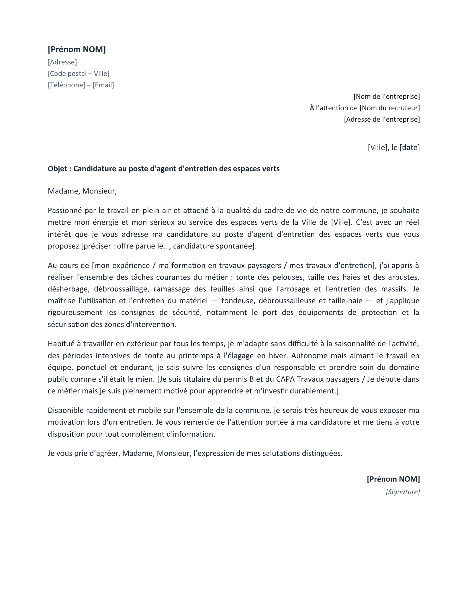 Aperçu — Lettre de motivation espace vert (Word)