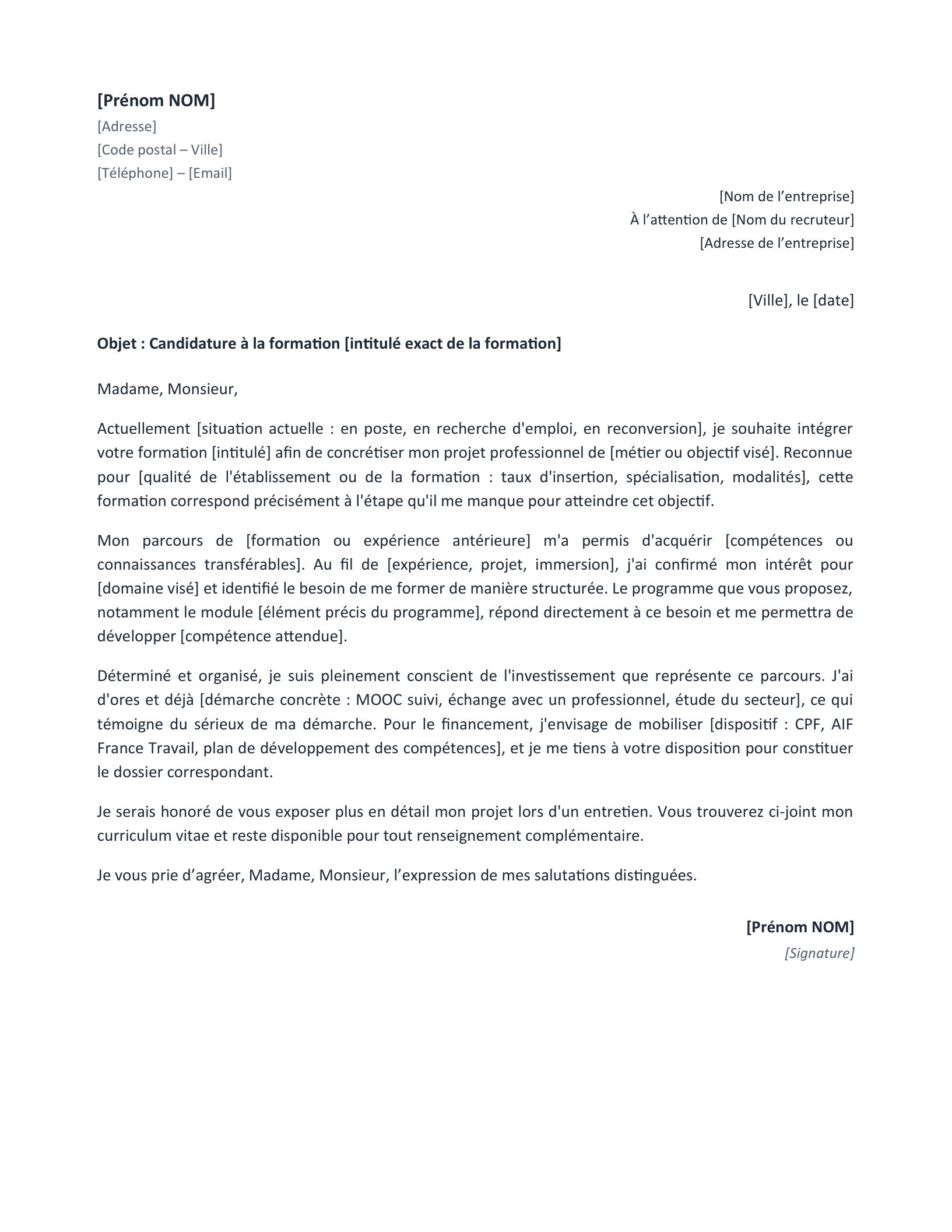 Aperçu — Lettre de motivation pour une formation (Word)