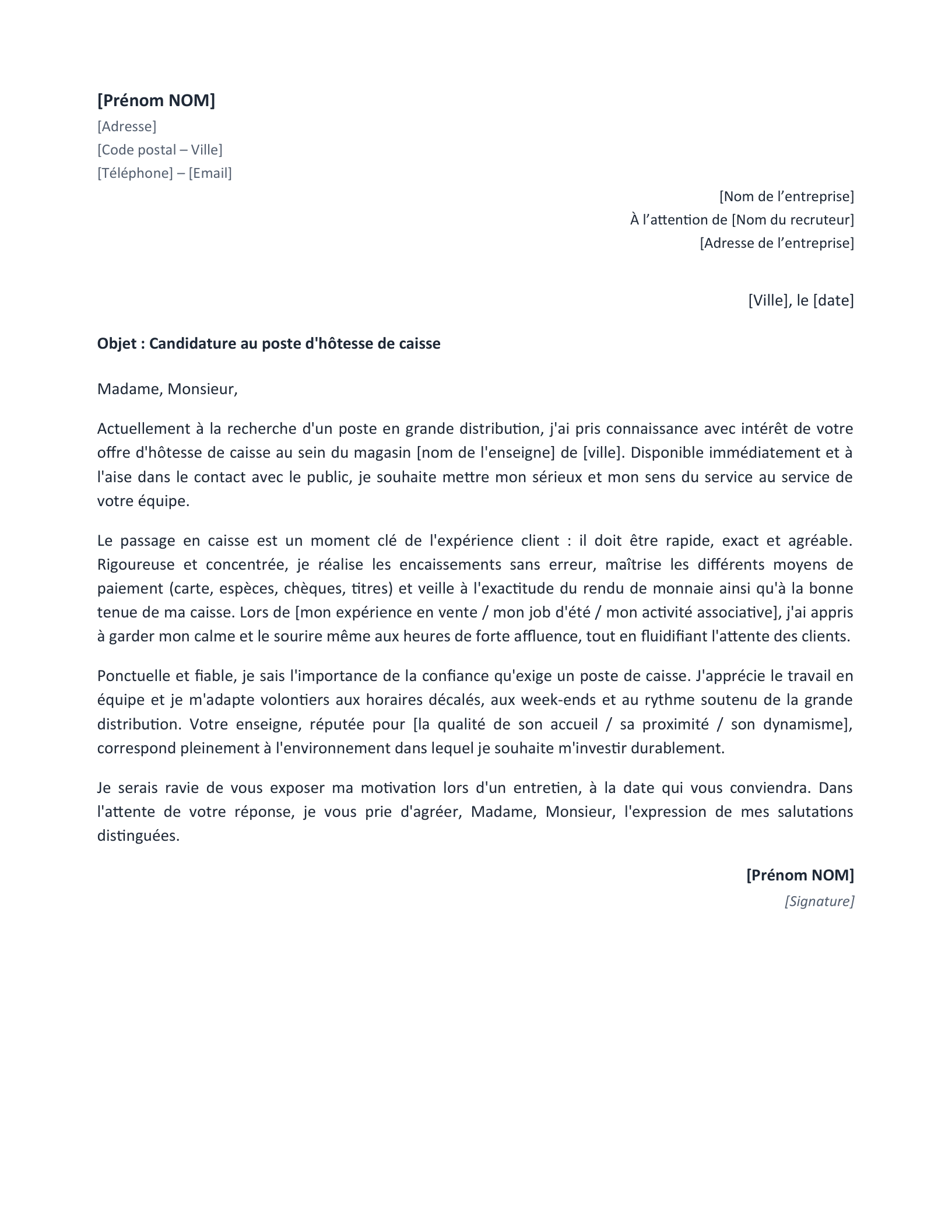 Aperçu — Lettre de motivation hôtesse de caisse (Word)