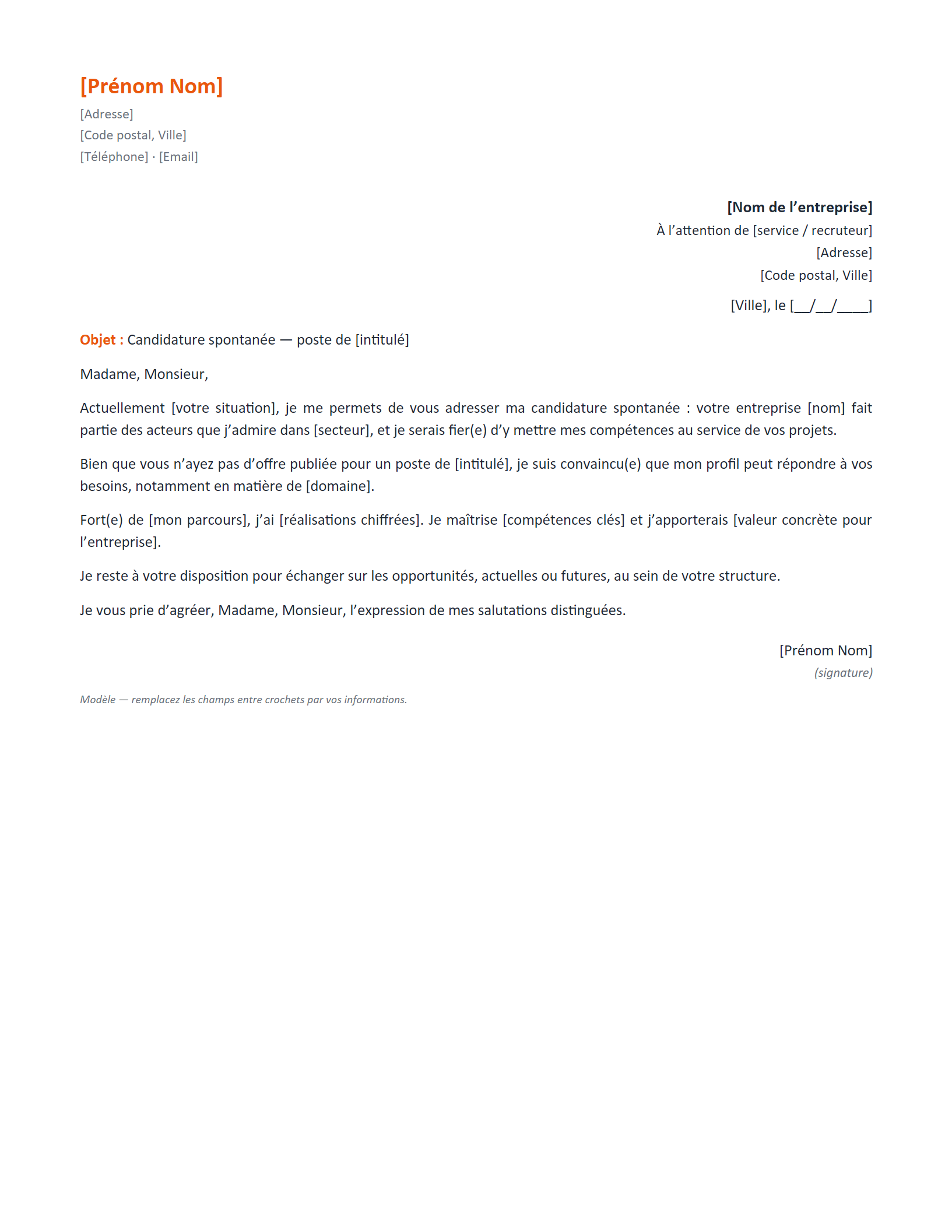 Aperçu — Lettre de motivation — candidature spontanée