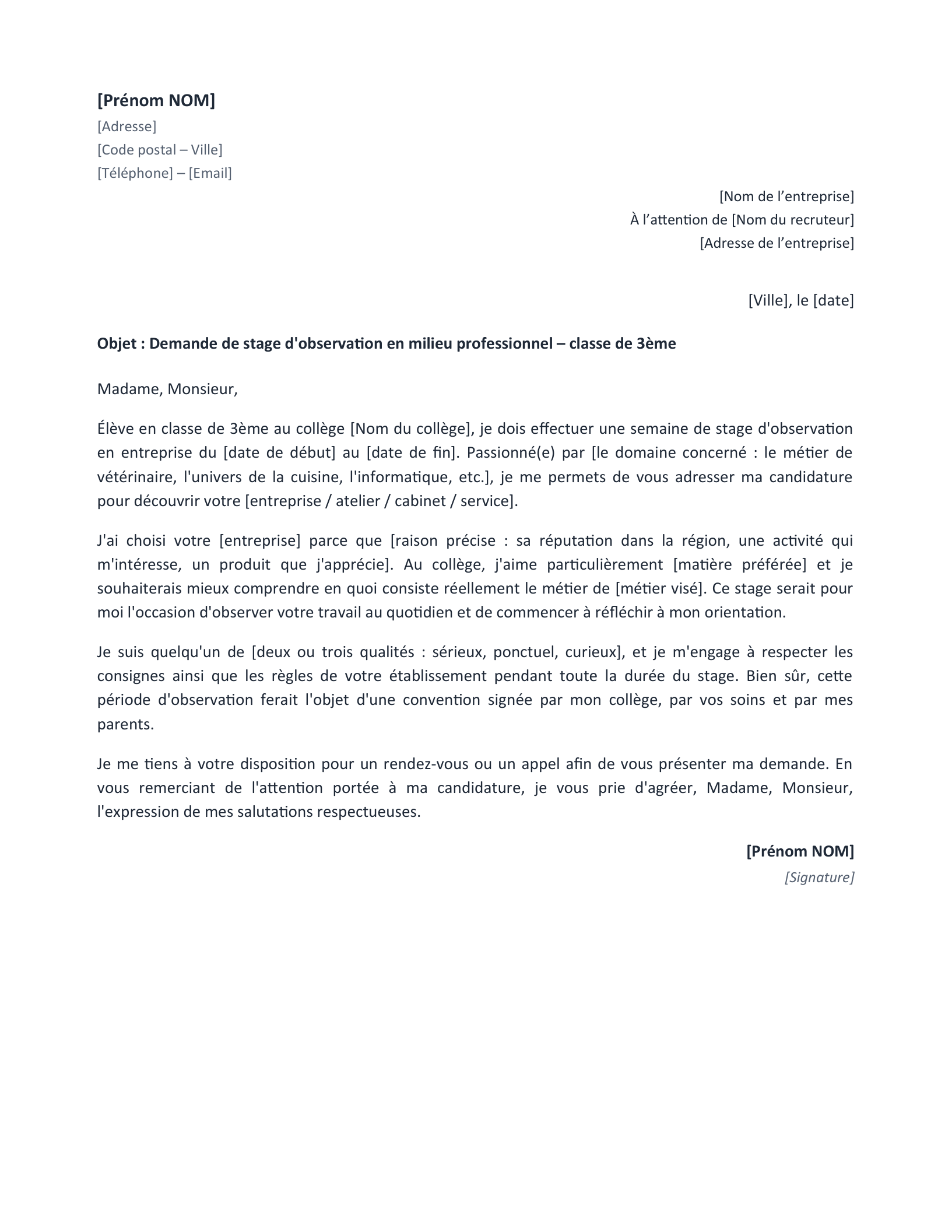 Aperçu — Lettre de motivation stage de 3ème (Word)