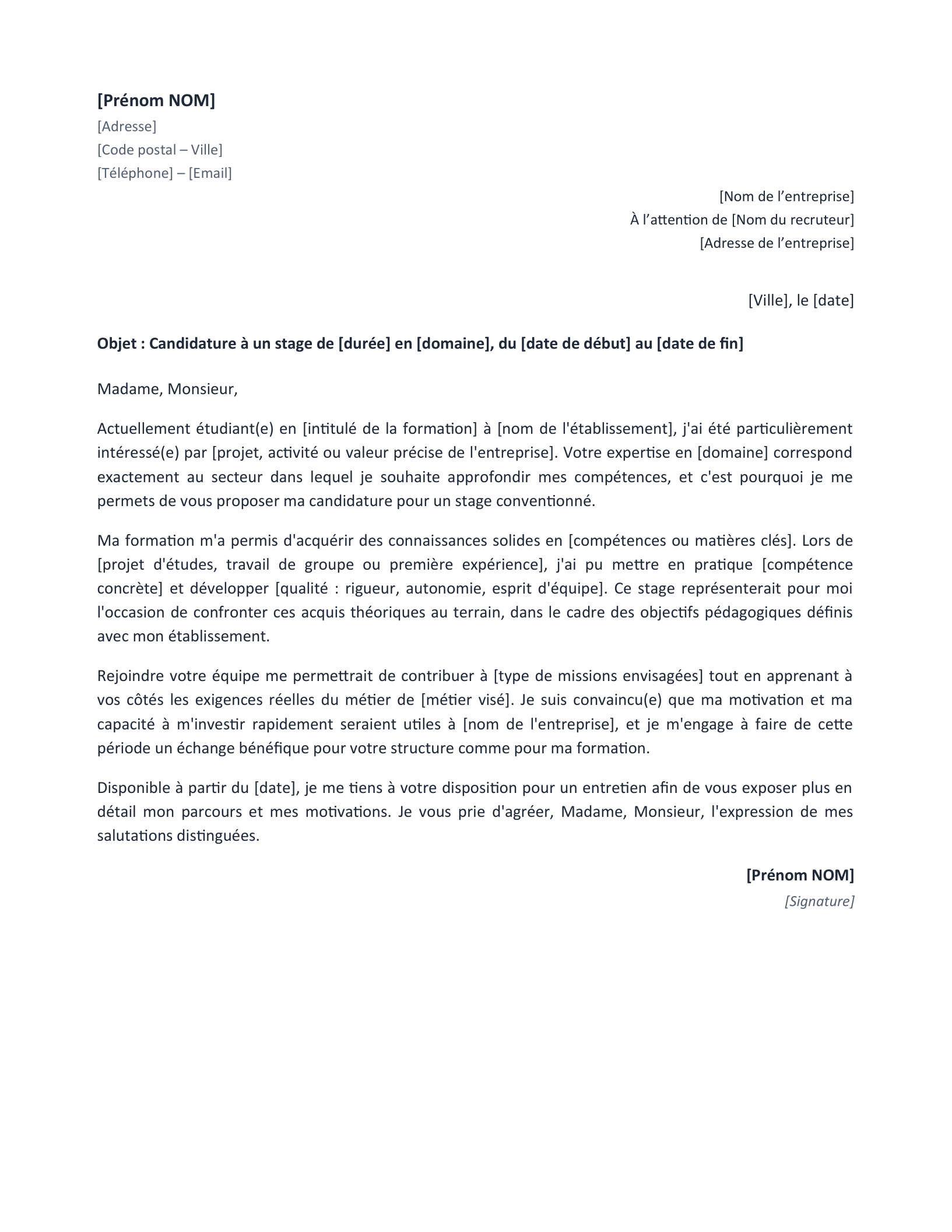 Aperçu — Lettre de motivation de stage (Word)