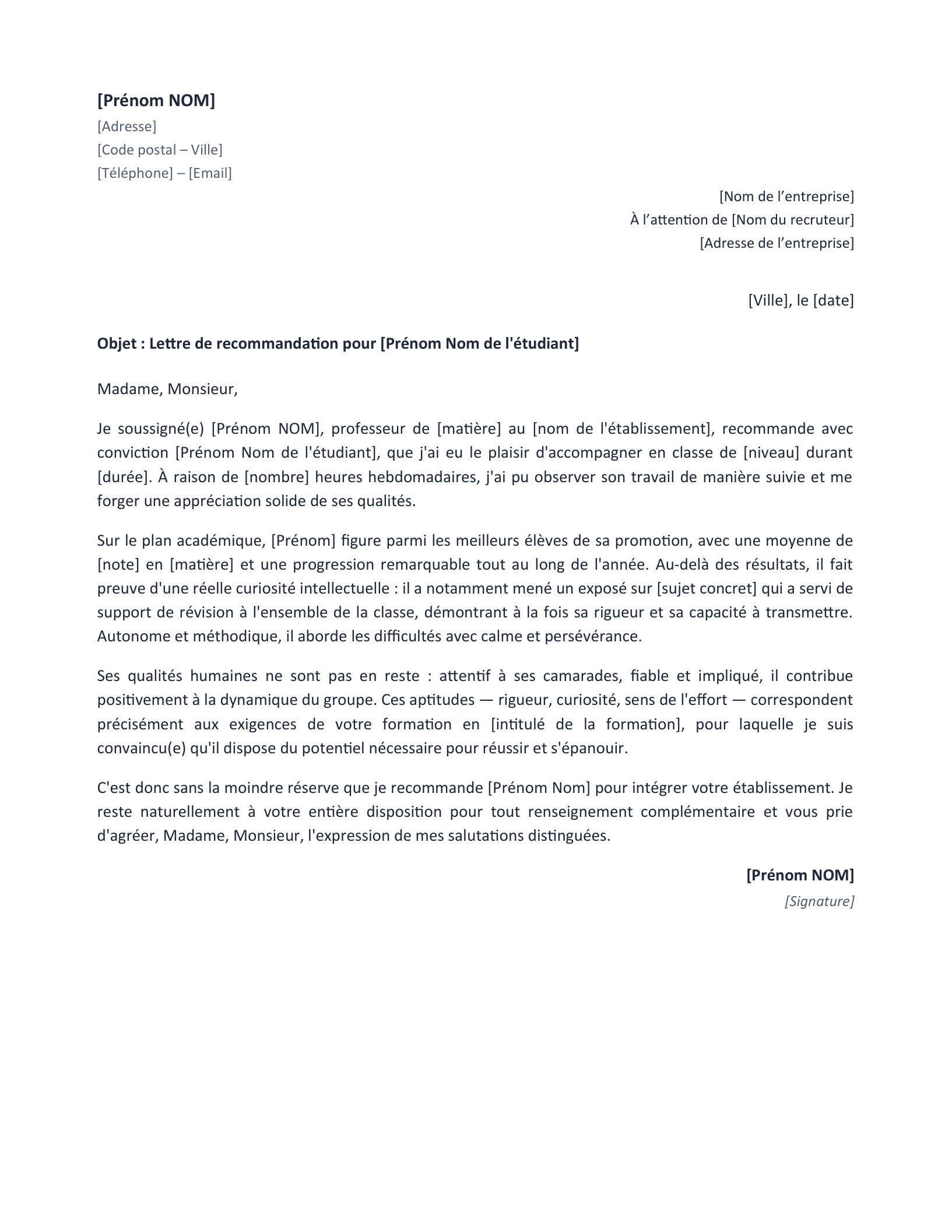 Aperçu — Recommandation d’un étudiant (Word)