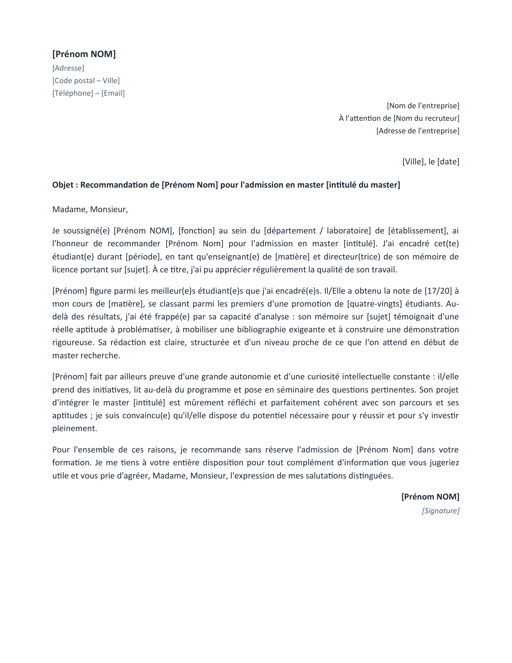 Aperçu — Recommandation pour un master (Word)