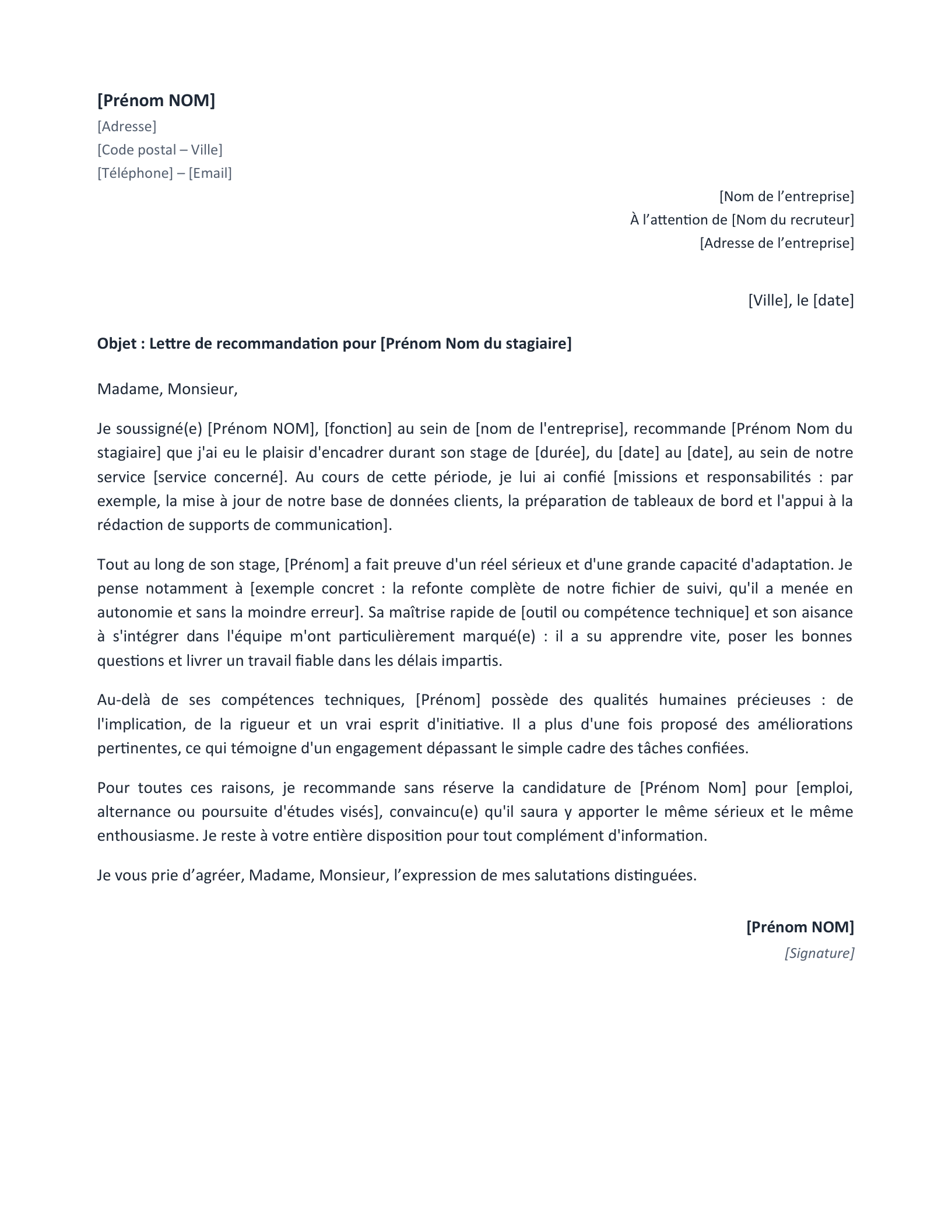 Aperçu — Recommandation d’un stagiaire (Word)