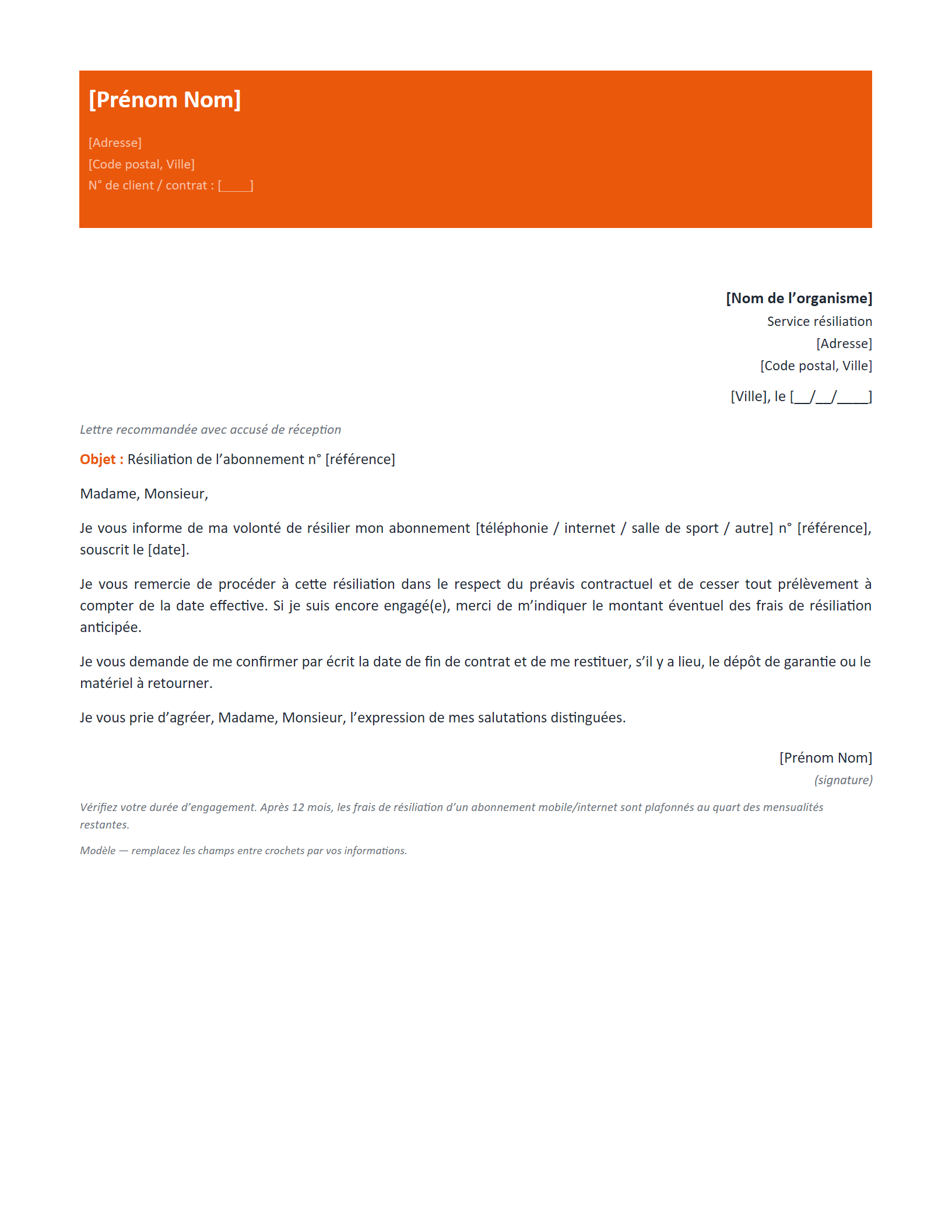 Aperçu — Résiliation d’abonnement