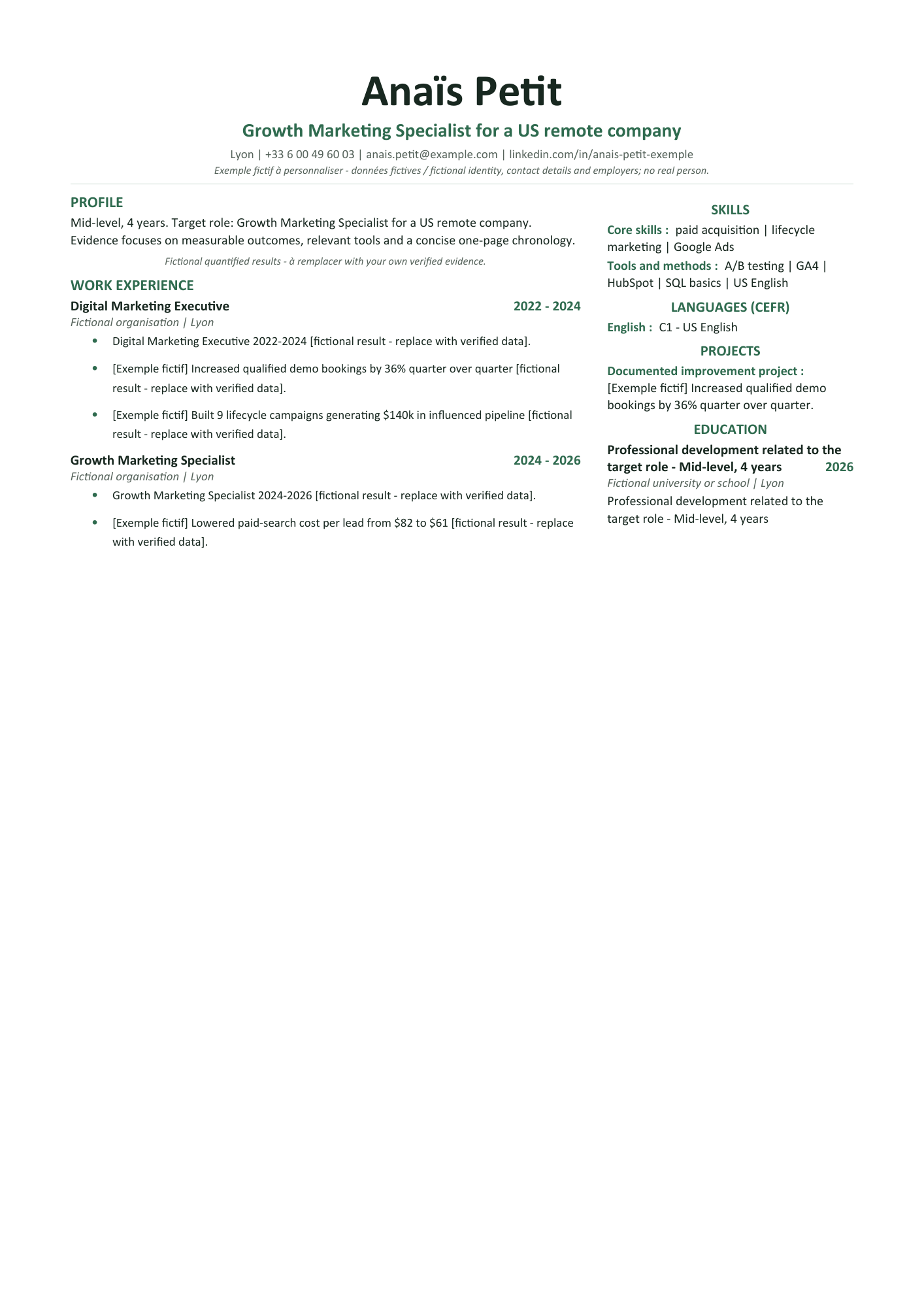 Aperçu — CV — Growth Marketing Specialist for a US remote company