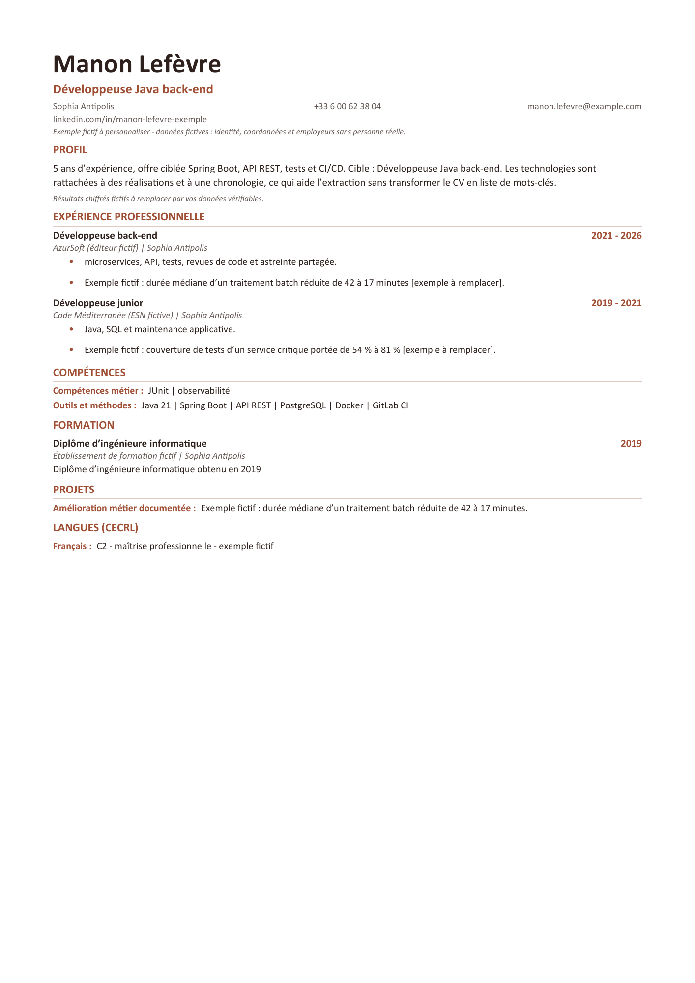 Aperçu — CV ATS — développeuse Java