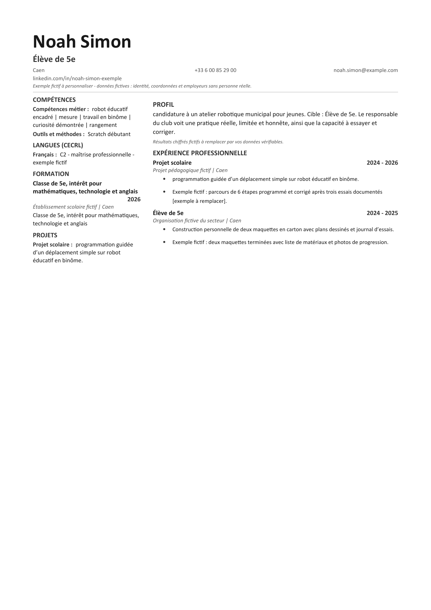 Aperçu — Premier CV — candidature à un club robotique