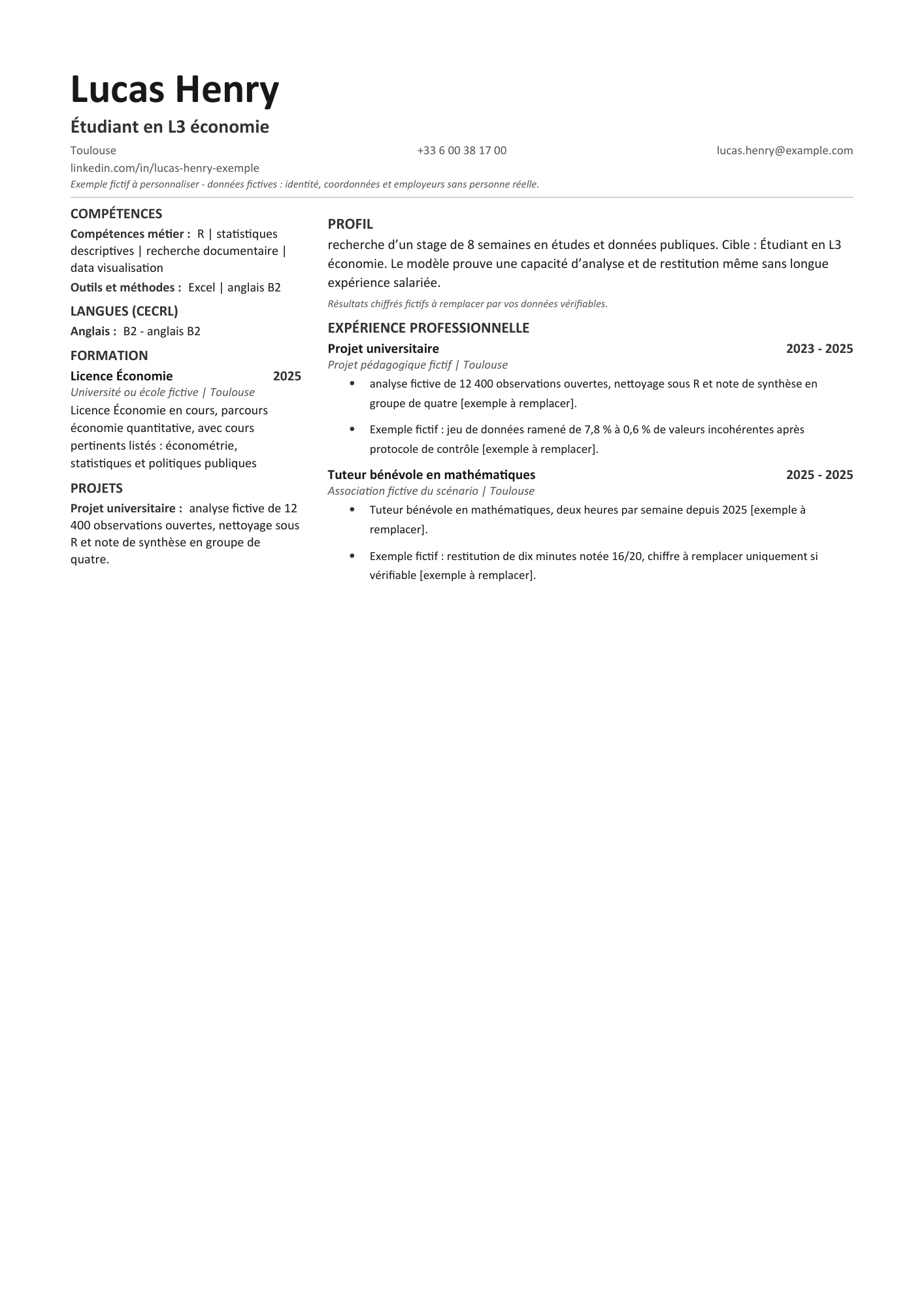 Aperçu — CV étudiant — stage analyse économique