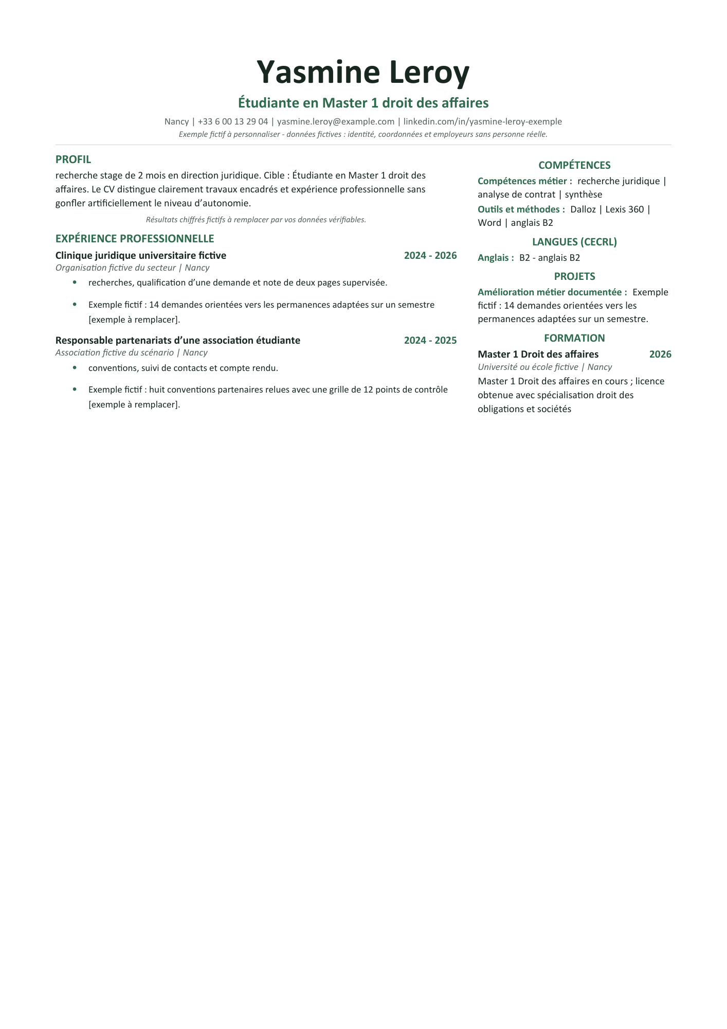 Aperçu — CV étudiant — stage juridique