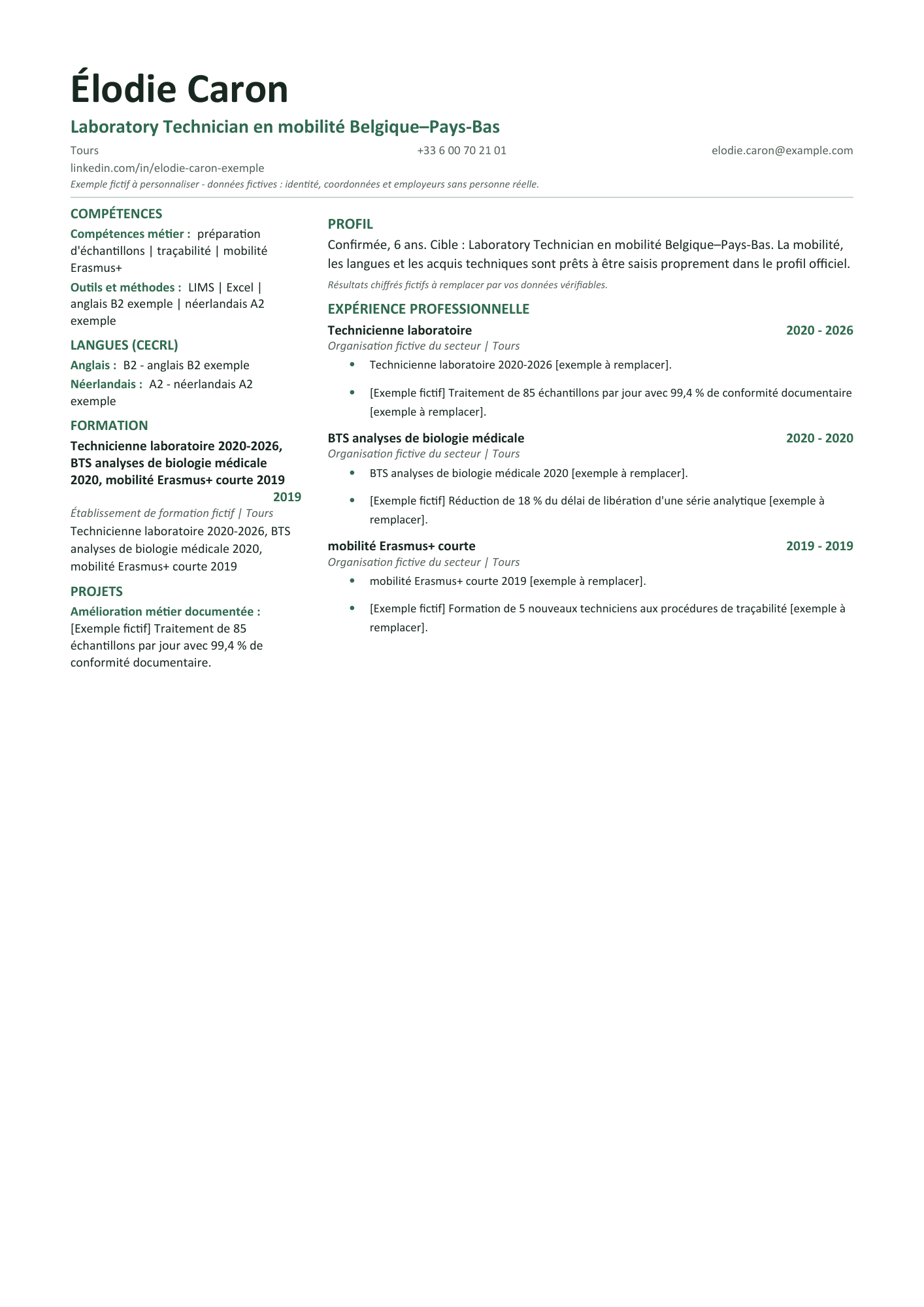 Aperçu — CV — Laboratory Technician en mobilité Belgique–Pays-Bas