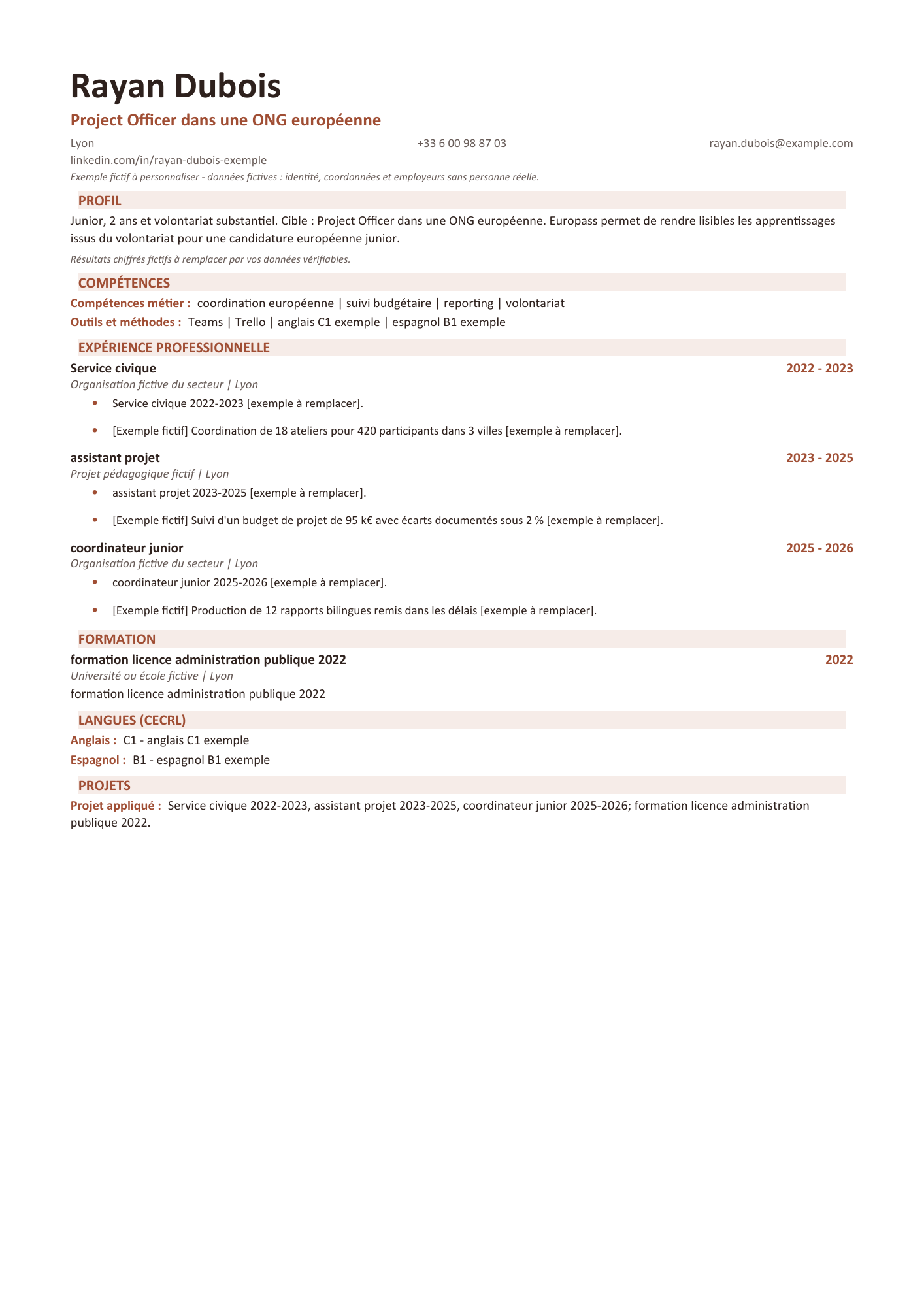 Aperçu — CV — Project Officer dans une ONG européenne