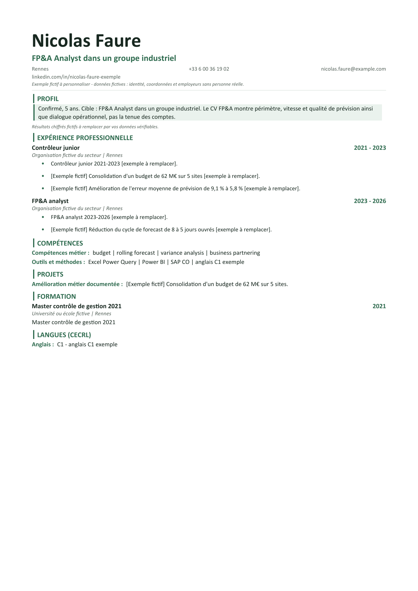 Aperçu — CV — FP&A Analyst dans un groupe industriel