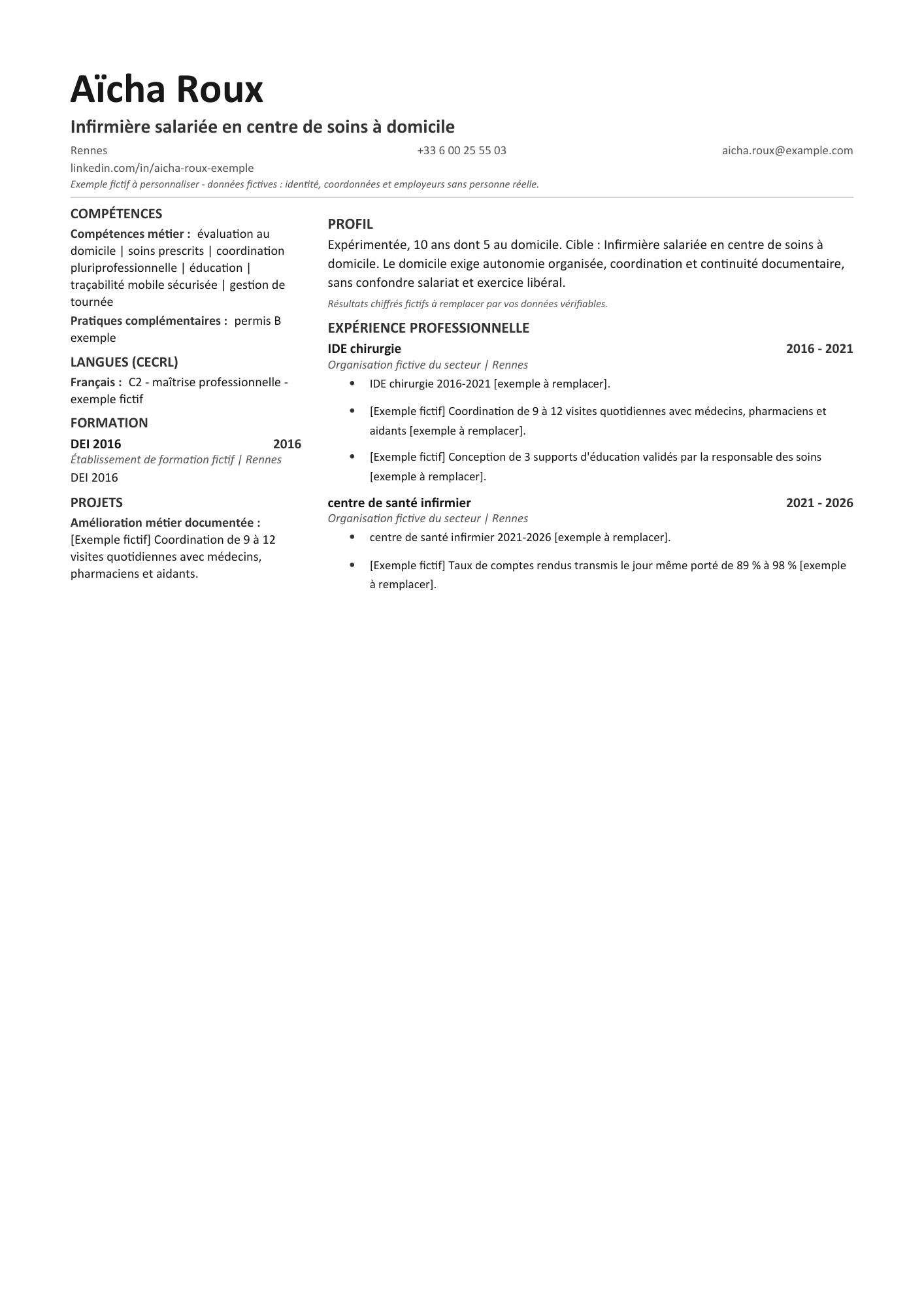 Aperçu — CV — Infirmière salariée en centre de soins à domicile