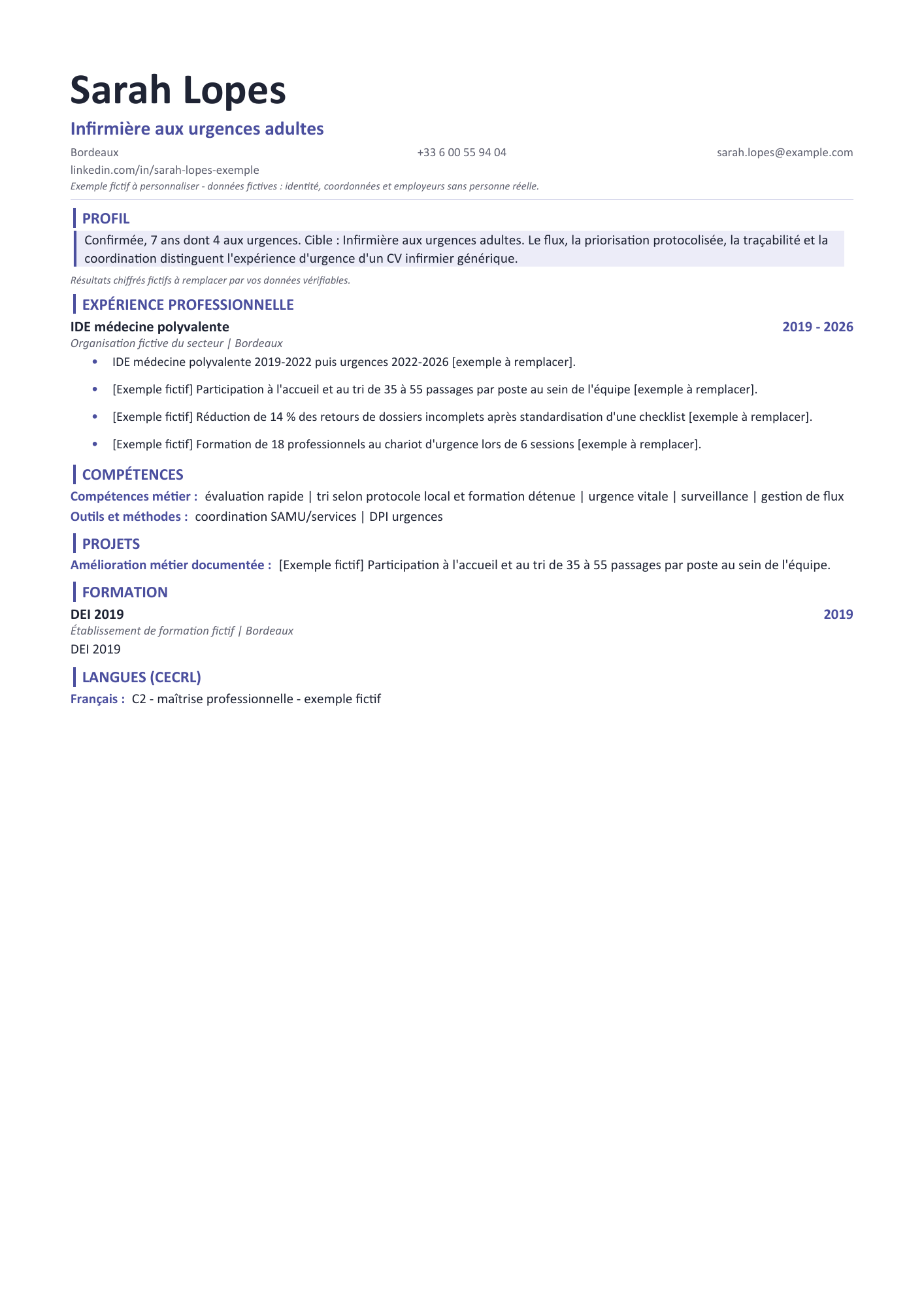 Aperçu — CV — Infirmière aux urgences adultes
