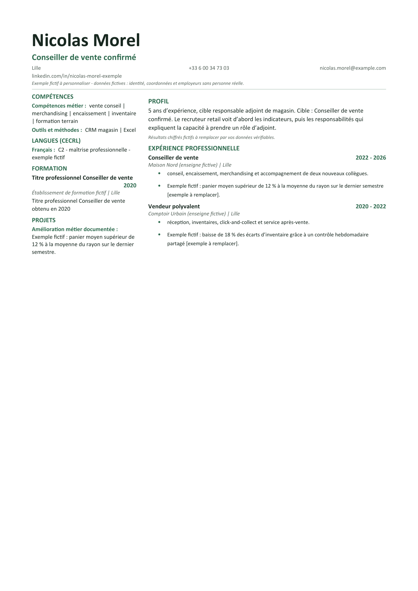 Aperçu — CV commerce — résultats d’abord