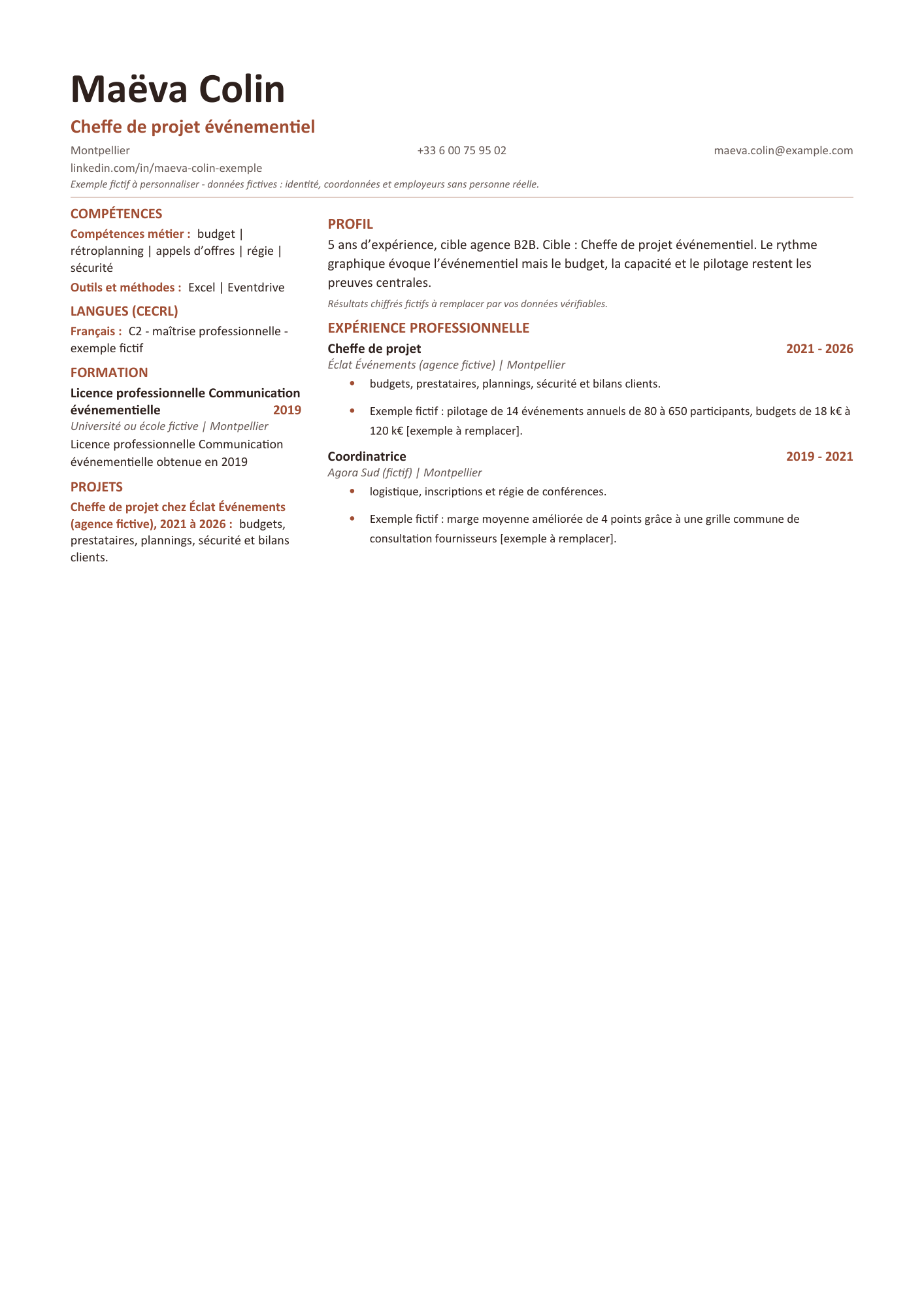 Aperçu — CV moderne — cheffe de projet événementiel