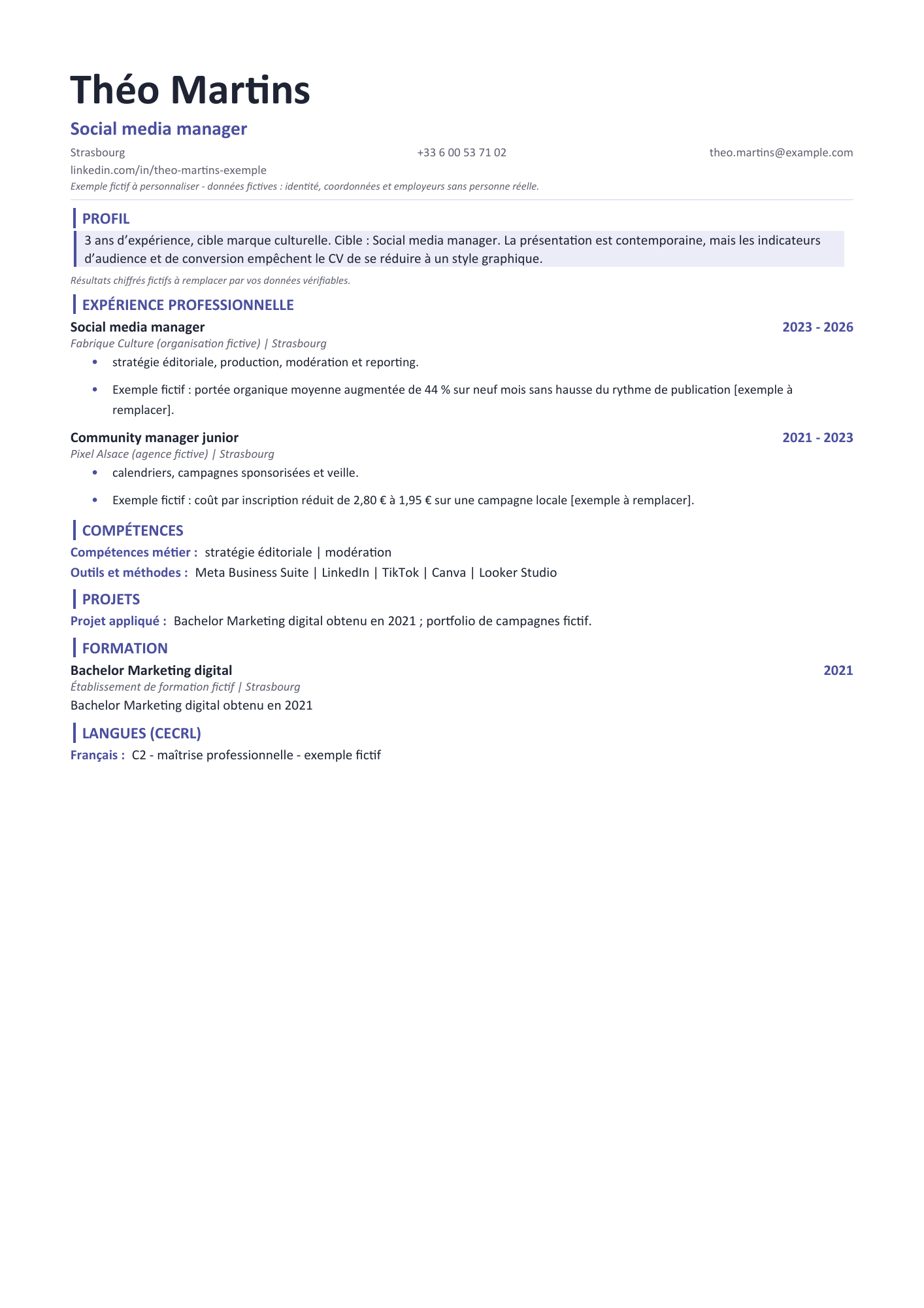 Aperçu — CV moderne — social media manager