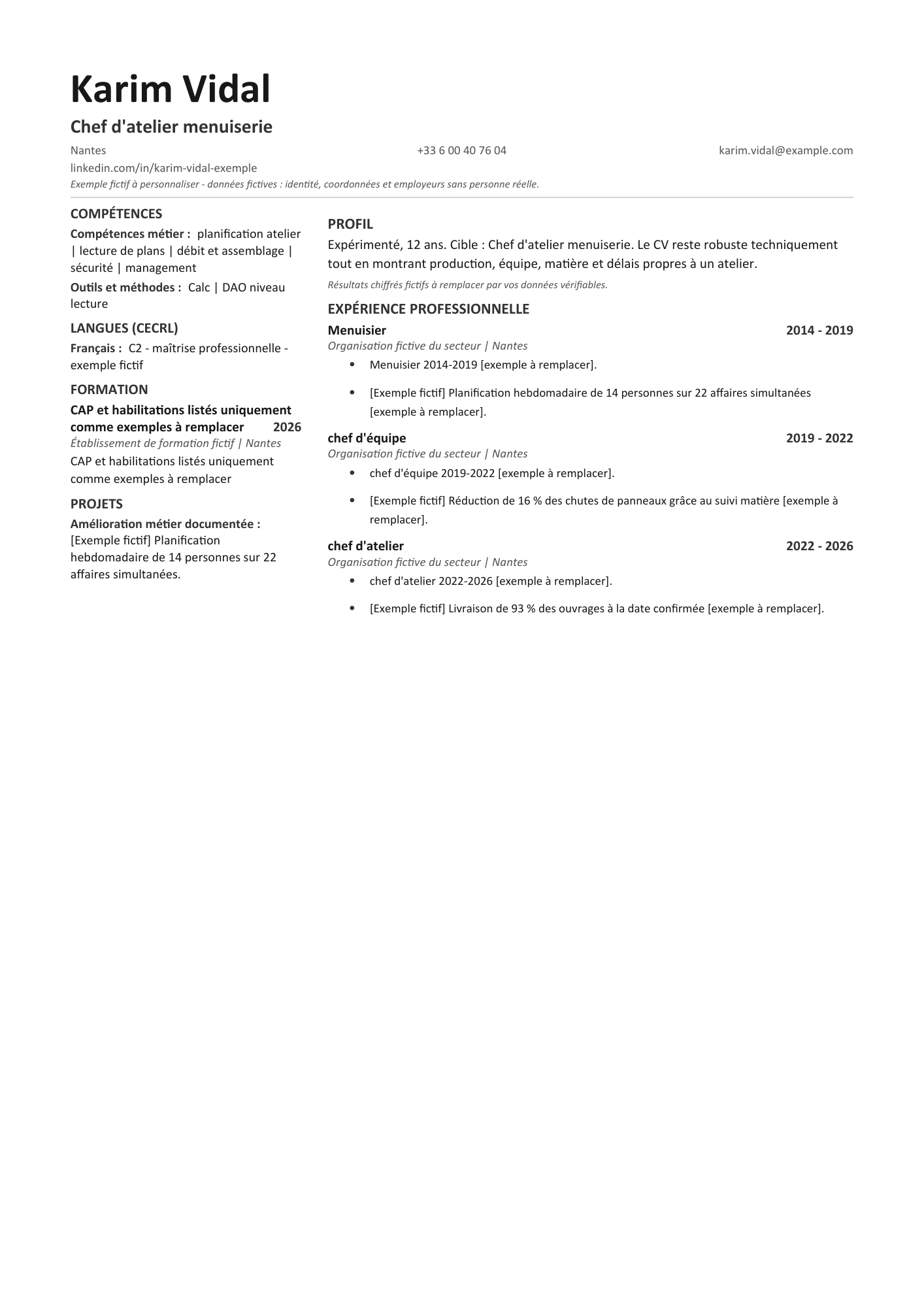 Aperçu — CV — Chef d'atelier menuiserie