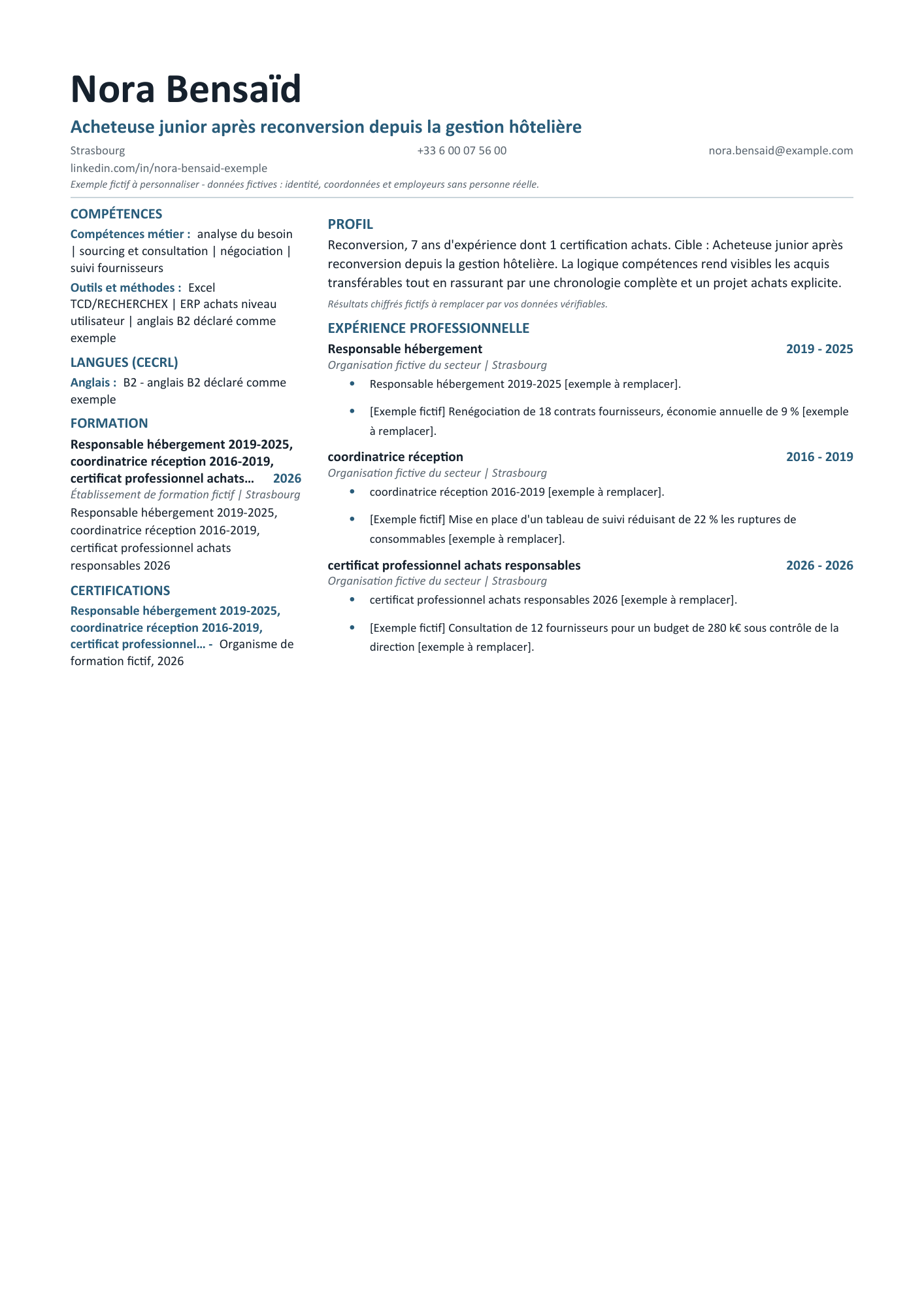 Aperçu — CV — Acheteuse junior après reconversion depuis la gestion hôtelière