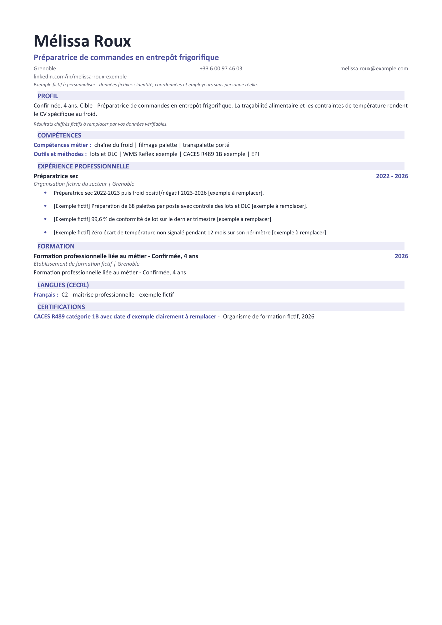 Aperçu — CV — Préparatrice de commandes en entrepôt frigorifique