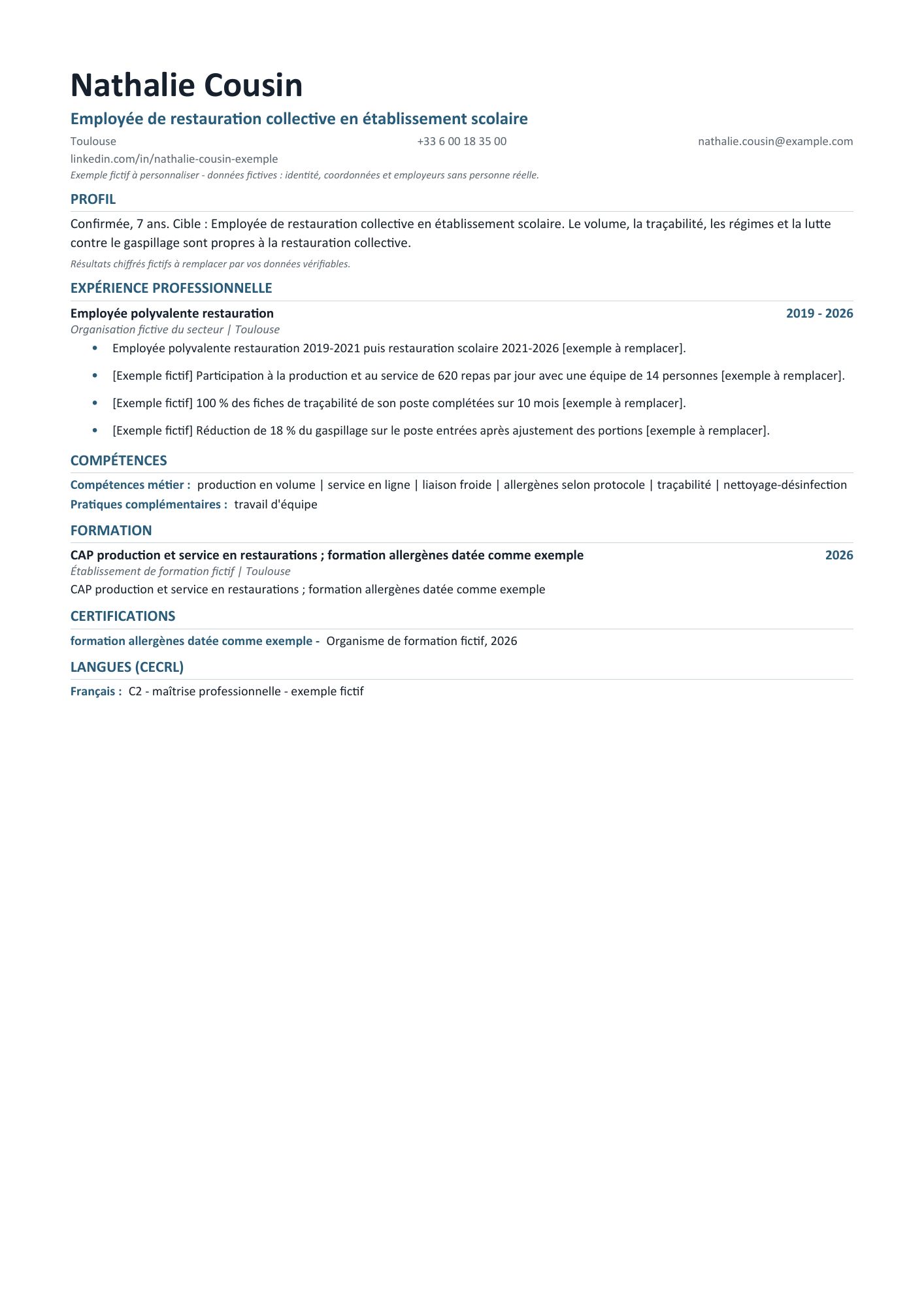 Aperçu — CV — Employée de restauration collective en établissement scolaire