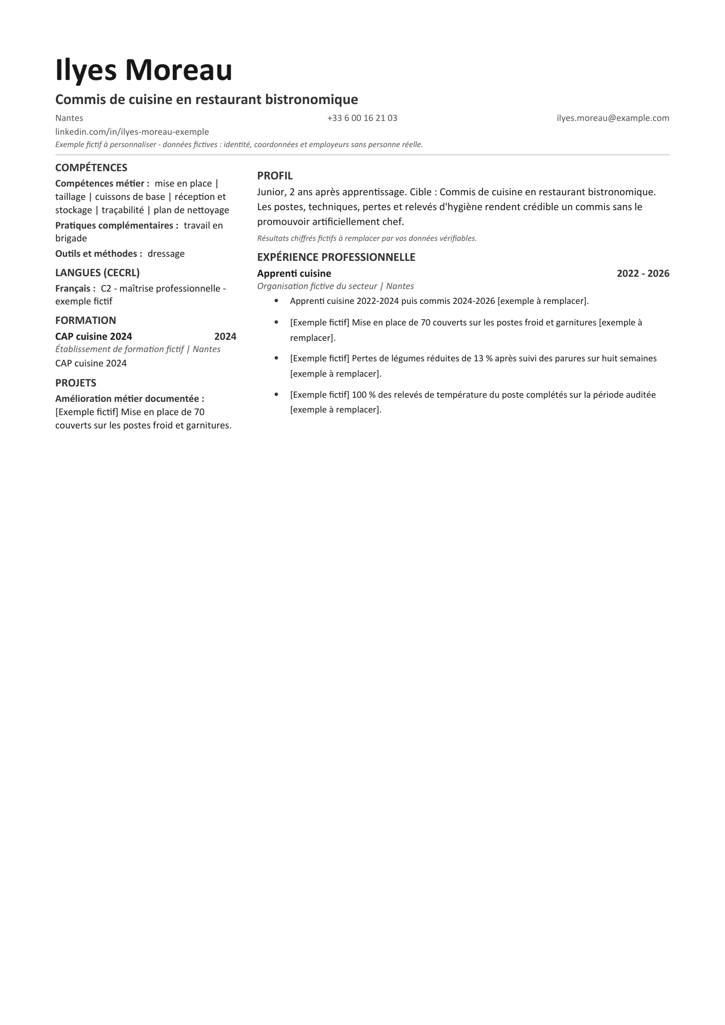 Aperçu — CV — Commis de cuisine en restaurant bistronomique