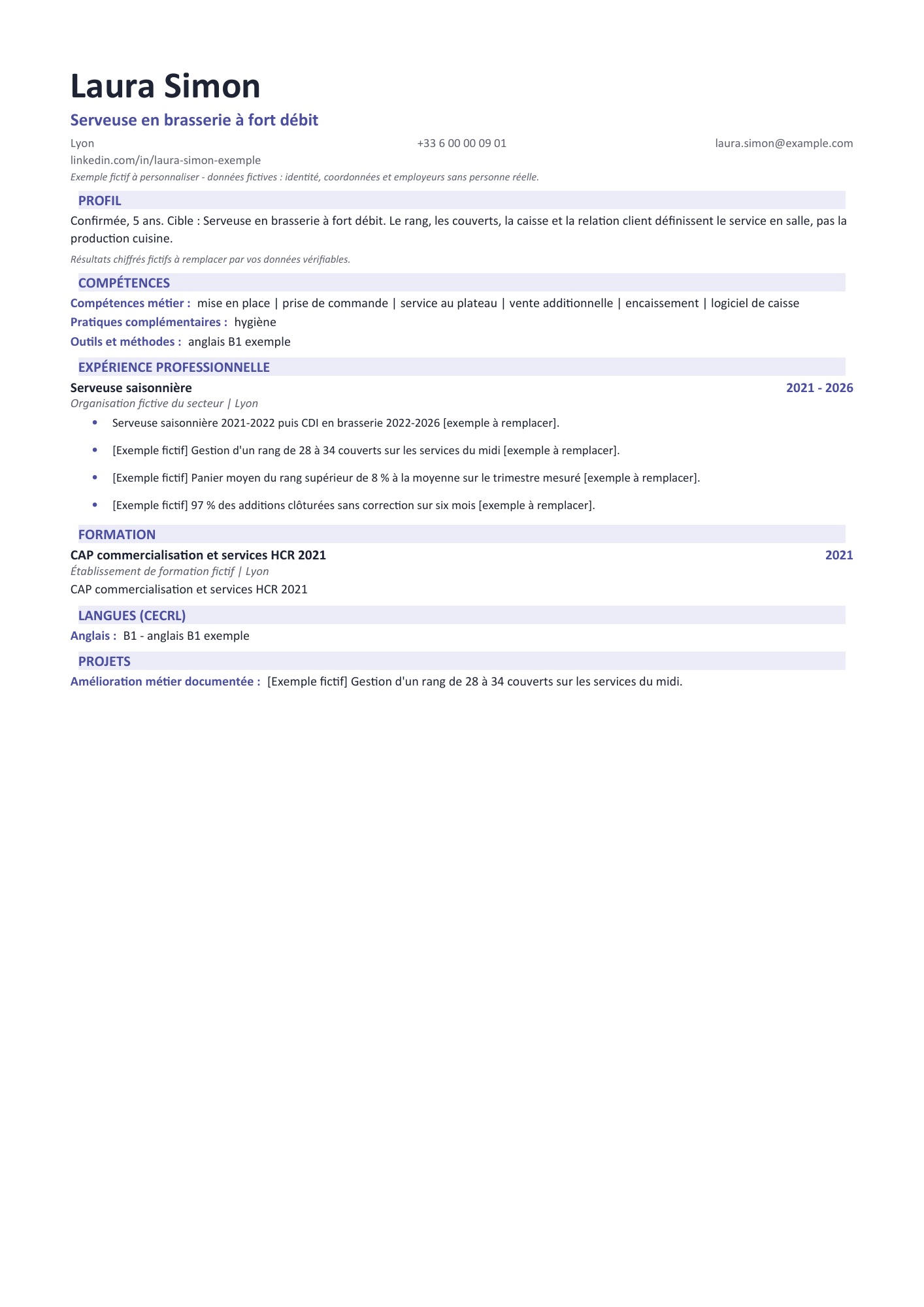 Aperçu — CV — Serveuse en brasserie à fort débit