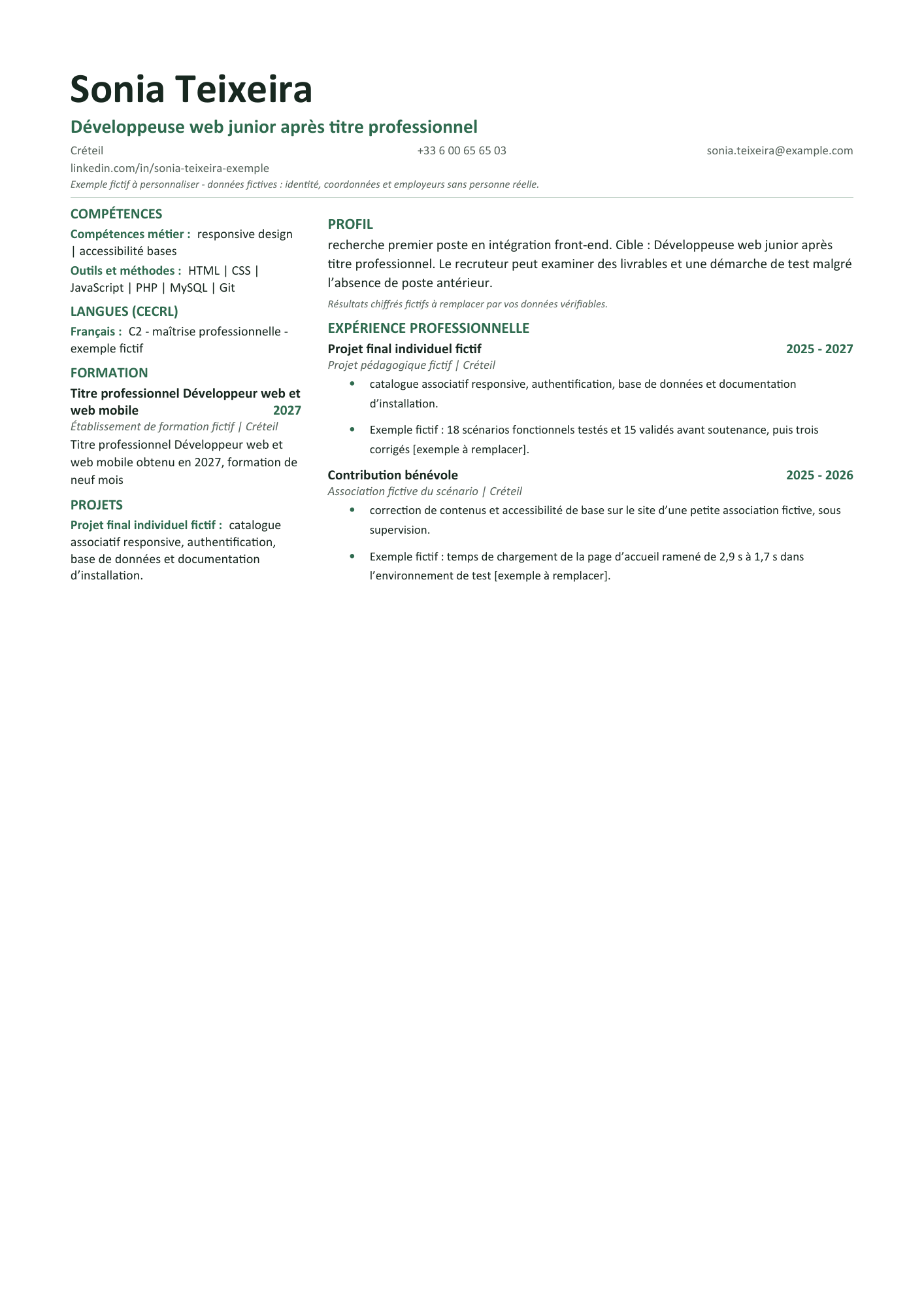 Aperçu — Sans expérience — développeuse web formée récemment