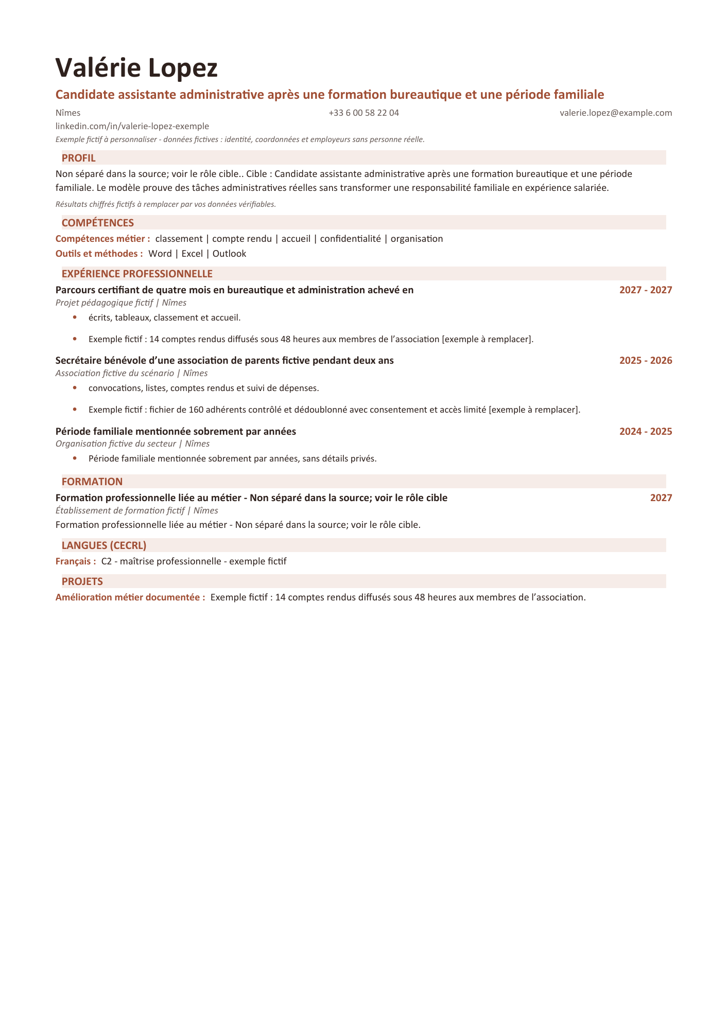 Aperçu — Sans expérience — assistante administrative en reprise d’activité